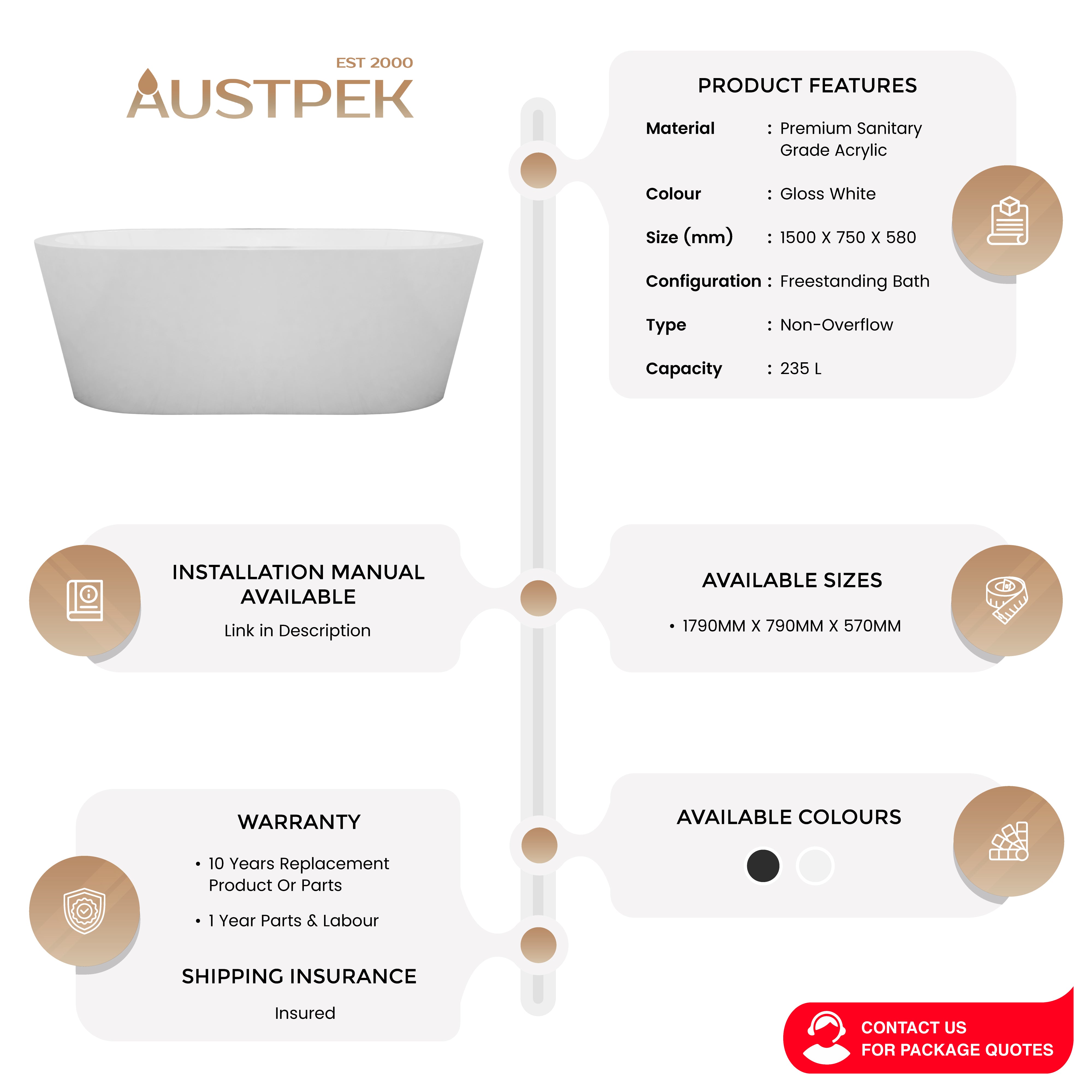 DECINA ELINEA FREESTANDING BATH GLOSS WHITE (AVAILABLE IN 1500MM AND 1790MM)