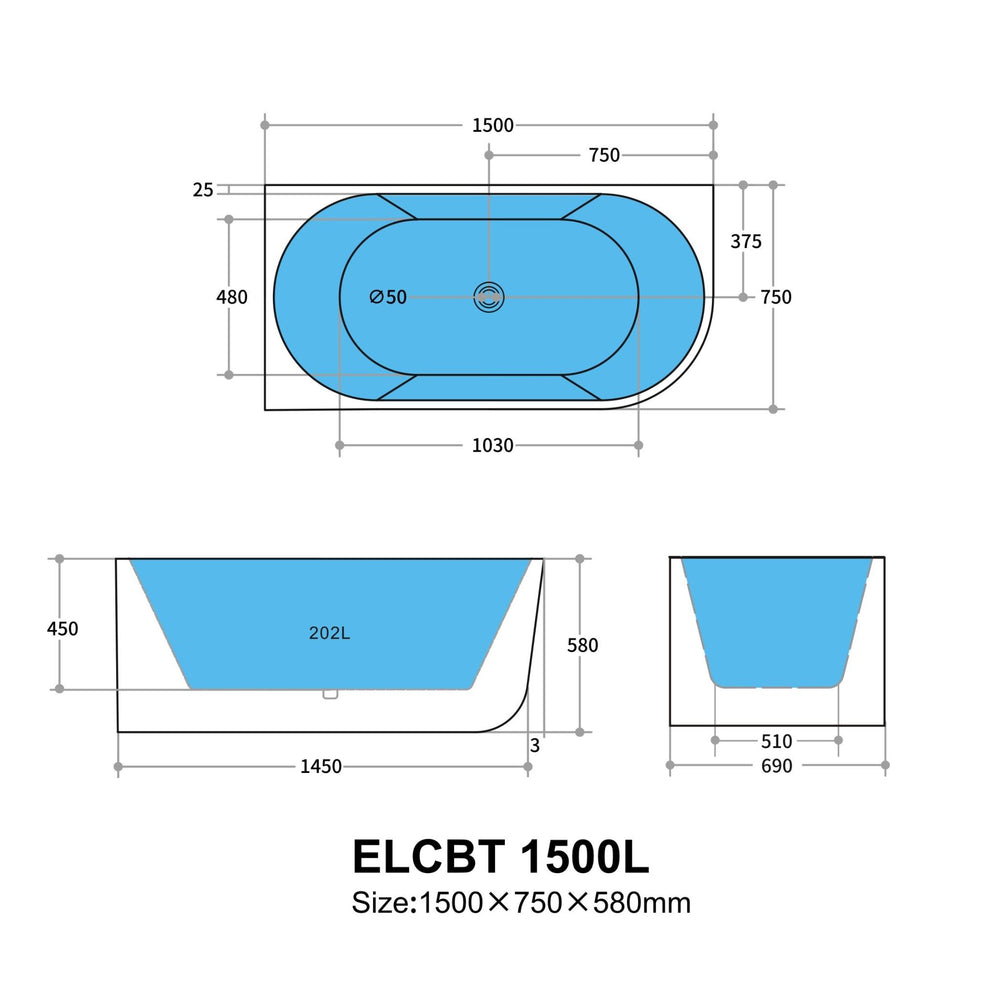 POSEIDON ELIVIA LEFT CORNER BATHTUB MATTE WHITE (AVAILABLE IN 1500MM AND 1700MM)