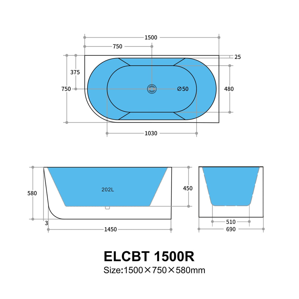 POSEIDON ELIVIA RIGHT CORNER BATHTUB GLOSS WHITE (AVAILABLE IN 1500MM AND 1700MM)