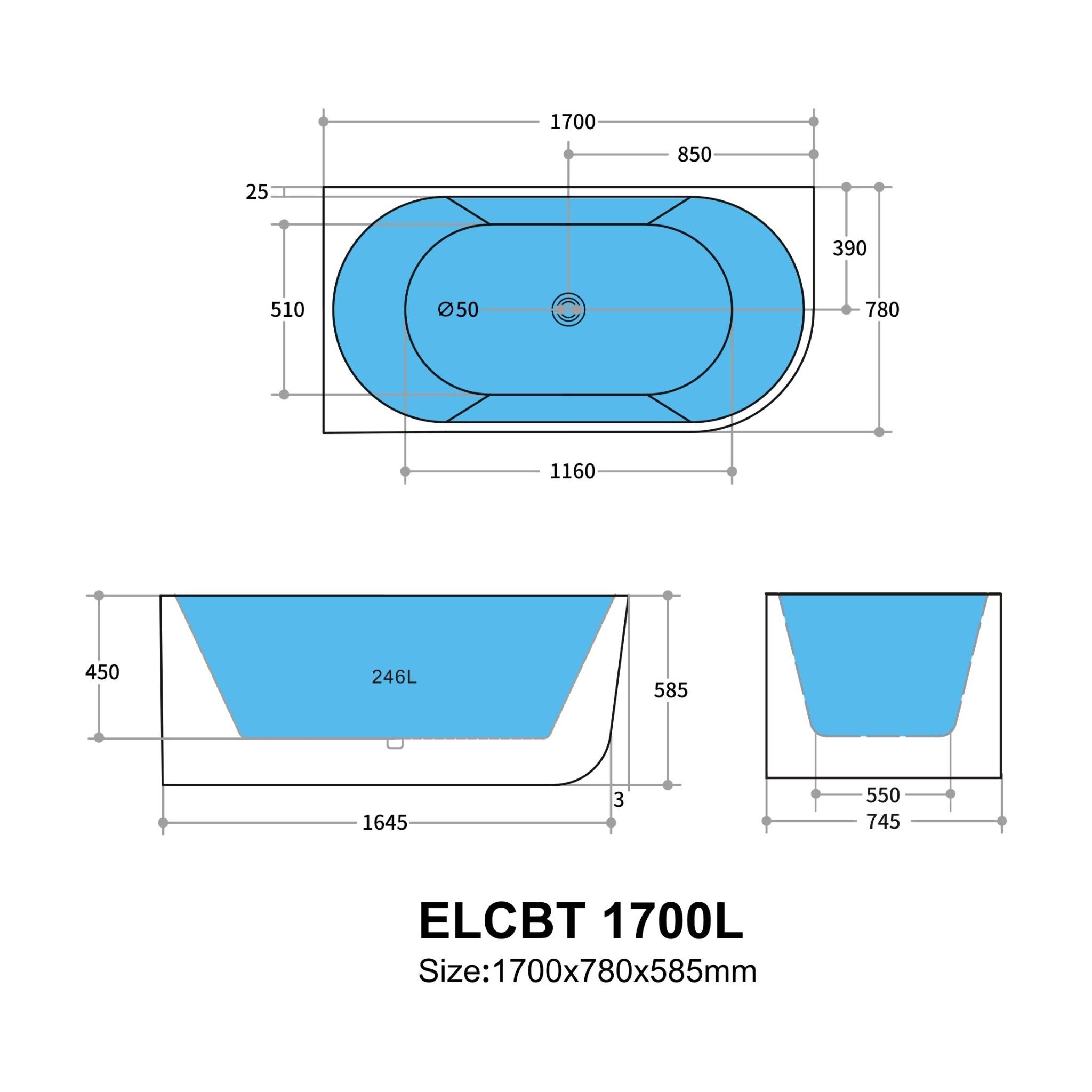 POSEIDON ELIVIA LEFT CORNER BATHTUB MATTE WHITE (AVAILABLE IN 1500MM AND 1700MM)