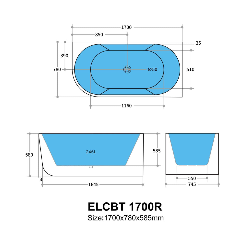 POSEIDON ELIVIA RIGHT CORNER BATHTUB GLOSS WHITE (AVAILABLE IN 1500MM AND 1700MM)