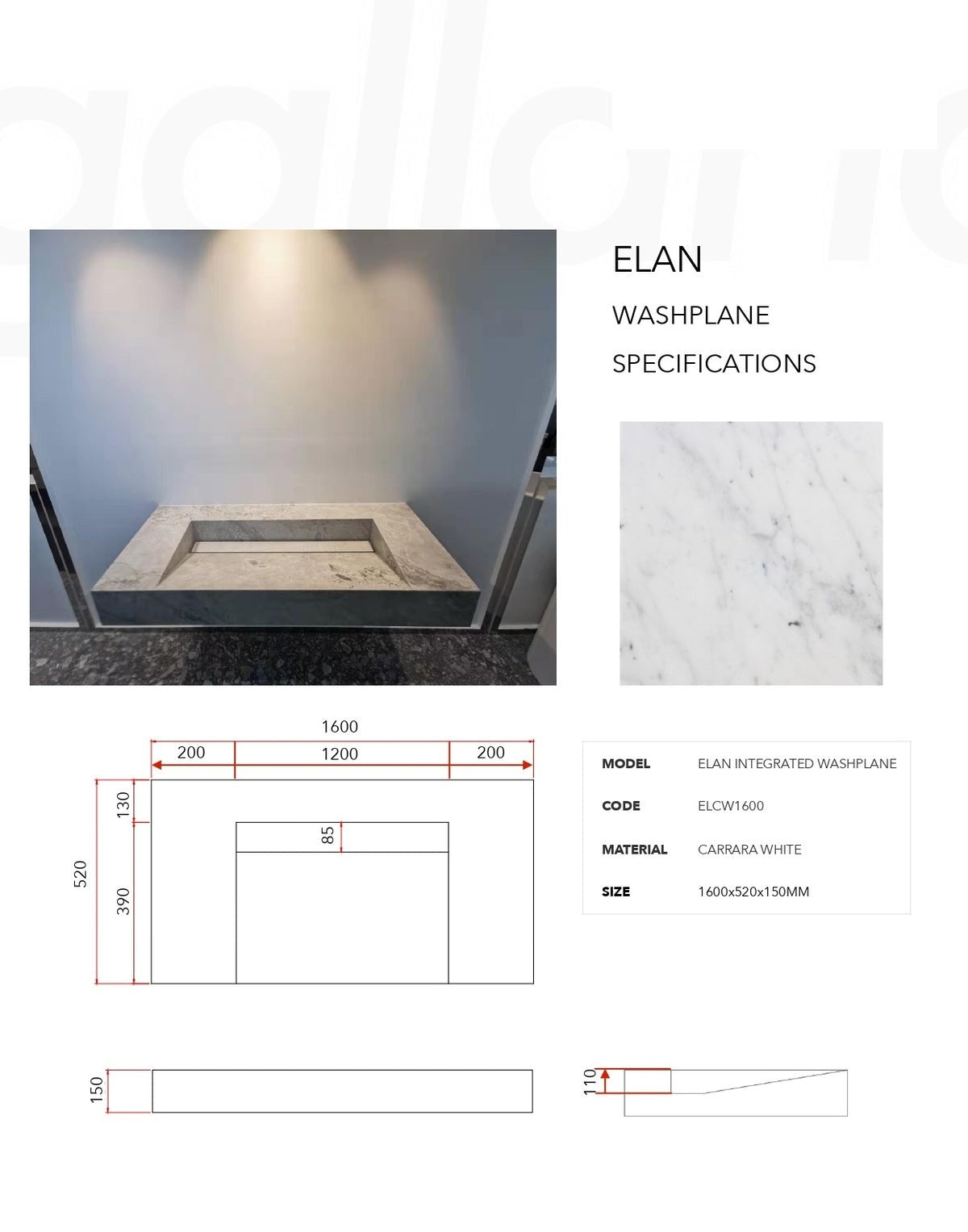 GALLARIA ELAN RECTANGULAR CARRARA WHITE STONE WASHPLANE 1600MM