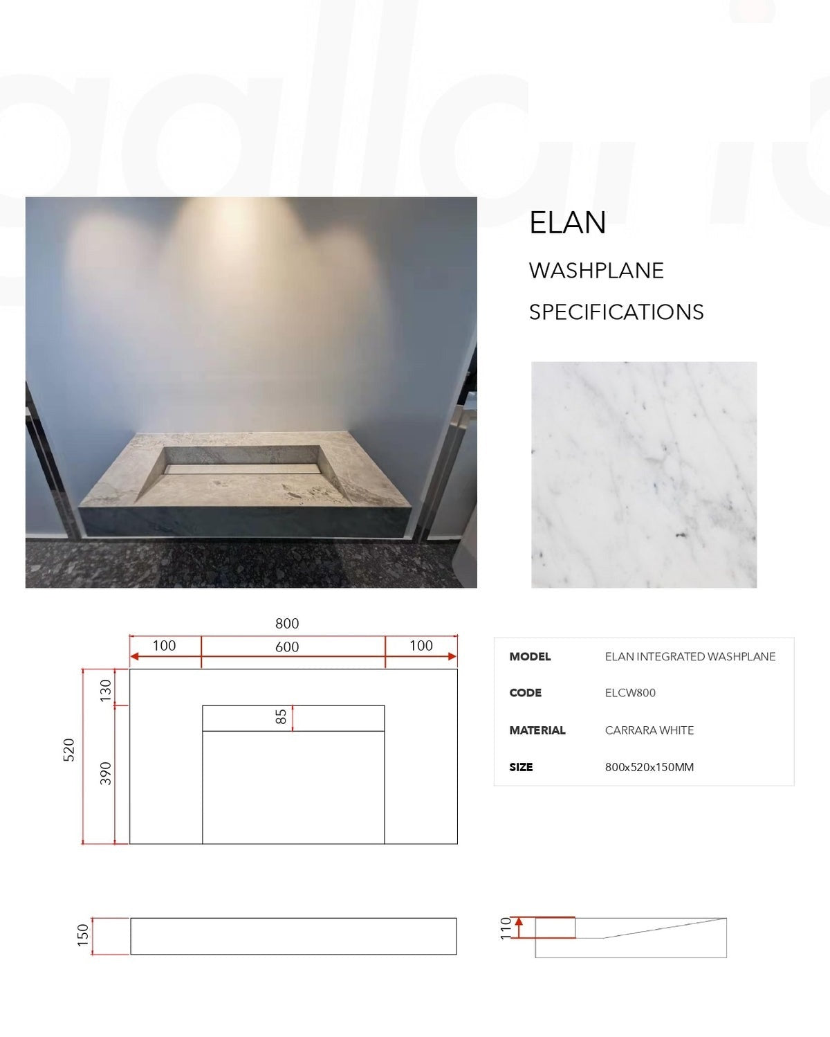 GALLARIA ELAN RECTANGULAR CARRARA WHITE STONE WASHPLANE 800MM
