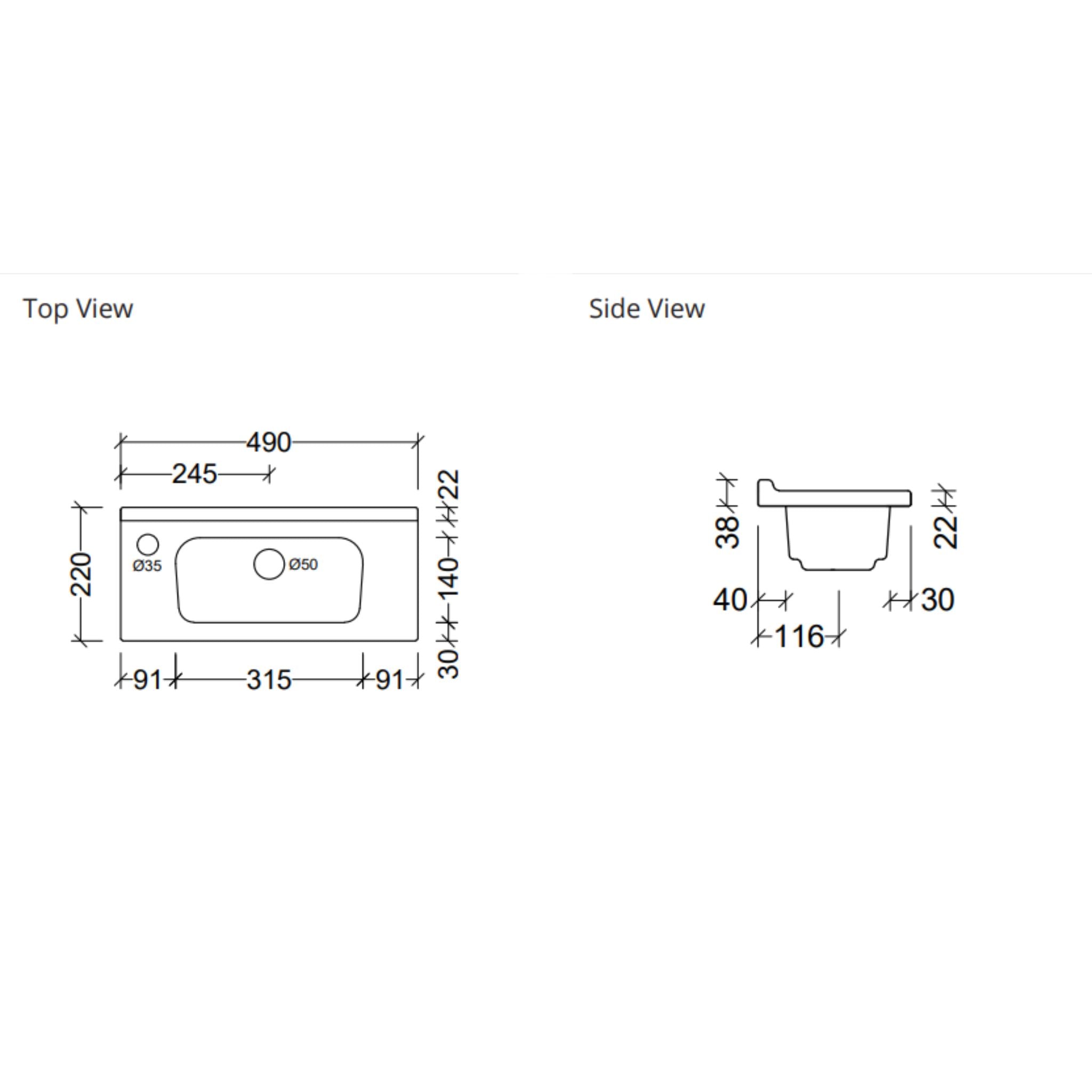 DUROCLASS ELF ENSUITE GLOSS WHITE SINGLE BOWL UNDERMOUNT VANITY TOP 490MM
