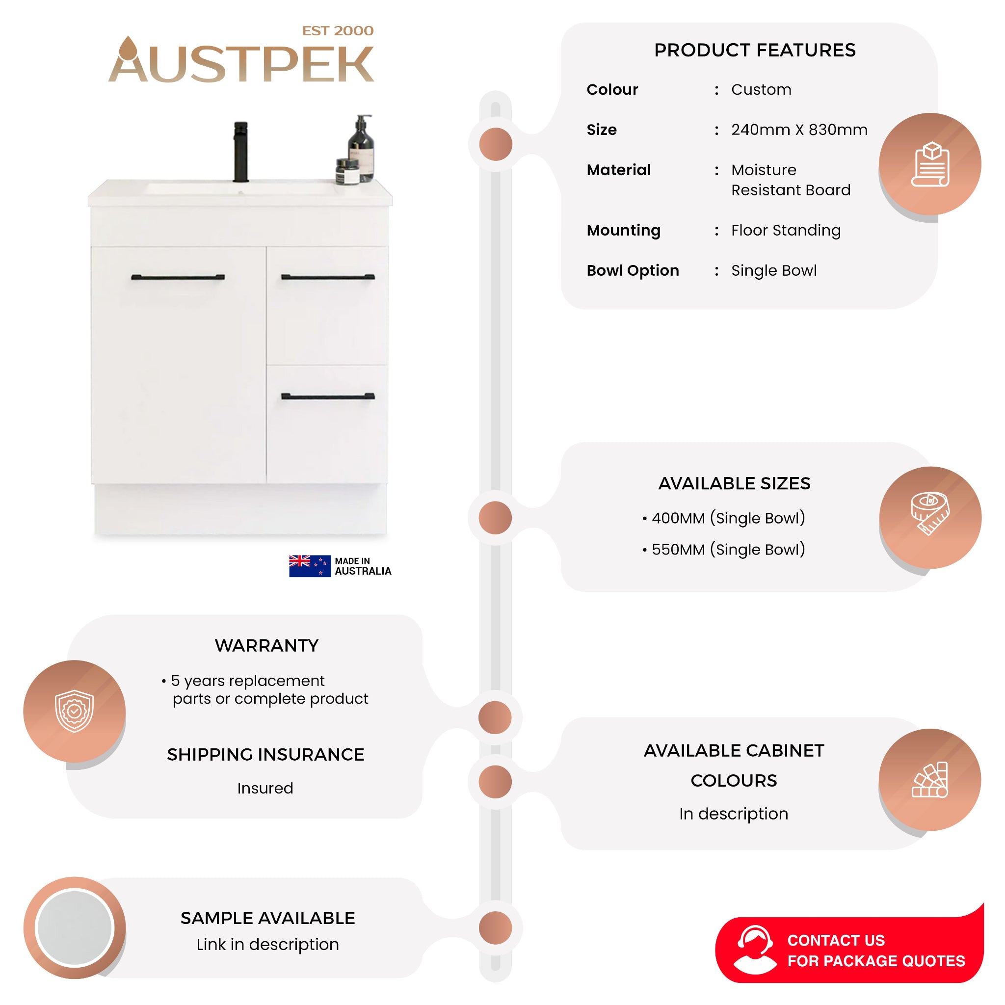 TIMBERLINE ENSUITE SPACE SAVING SINGLE BOWL CUSTOM FLOOR STANDING VANITY