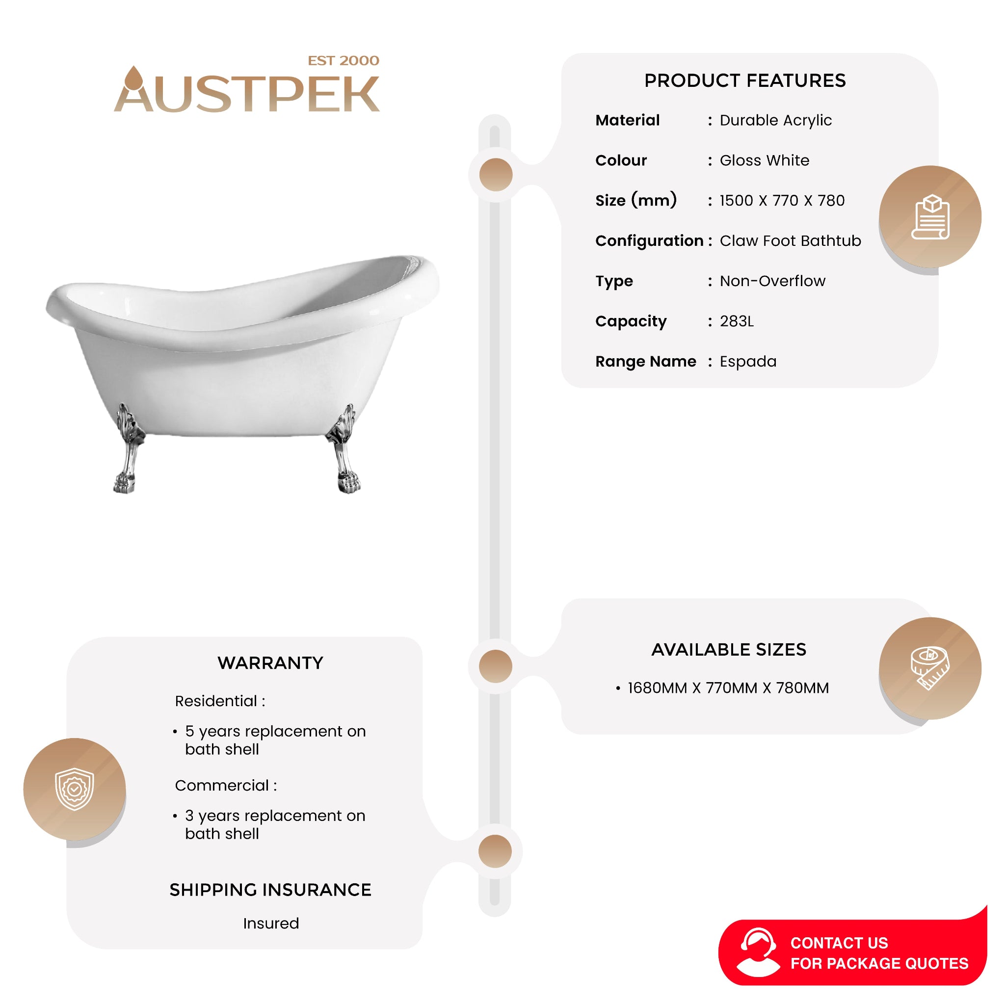 POSEIDON ESPADA CLAW FOOT BATHTUB GLOSS WHITE (AVAILABLE IN 1500MM AND 1680MM)