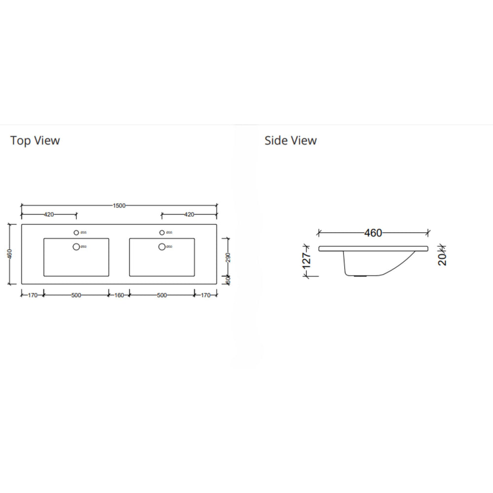 DUROCLASS ESSENTIAL GLOSS WHITE DOUBLE BOWL UNDERMOUNT VANITY TOP (MULTIPLE SIZES AVAILABLE)