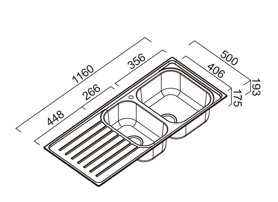 ABEY EURONOX 1 & 1/2 BOWL KITCHEN SINK STAINLESS STEEL 1160MM
