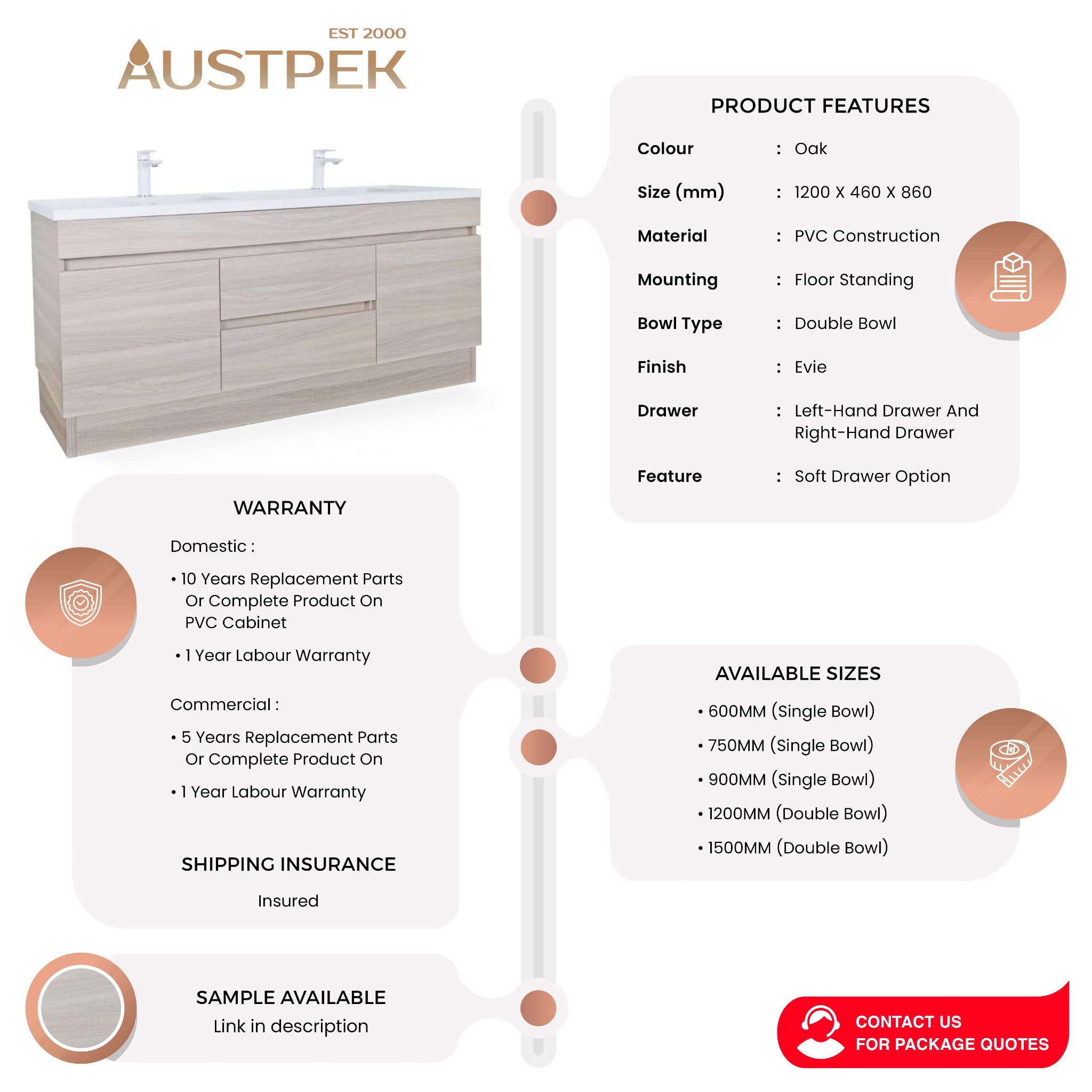 POSEIDON EVIE OAK 1200MM DOUBLE BOWL FLOOR STANDING VANITY