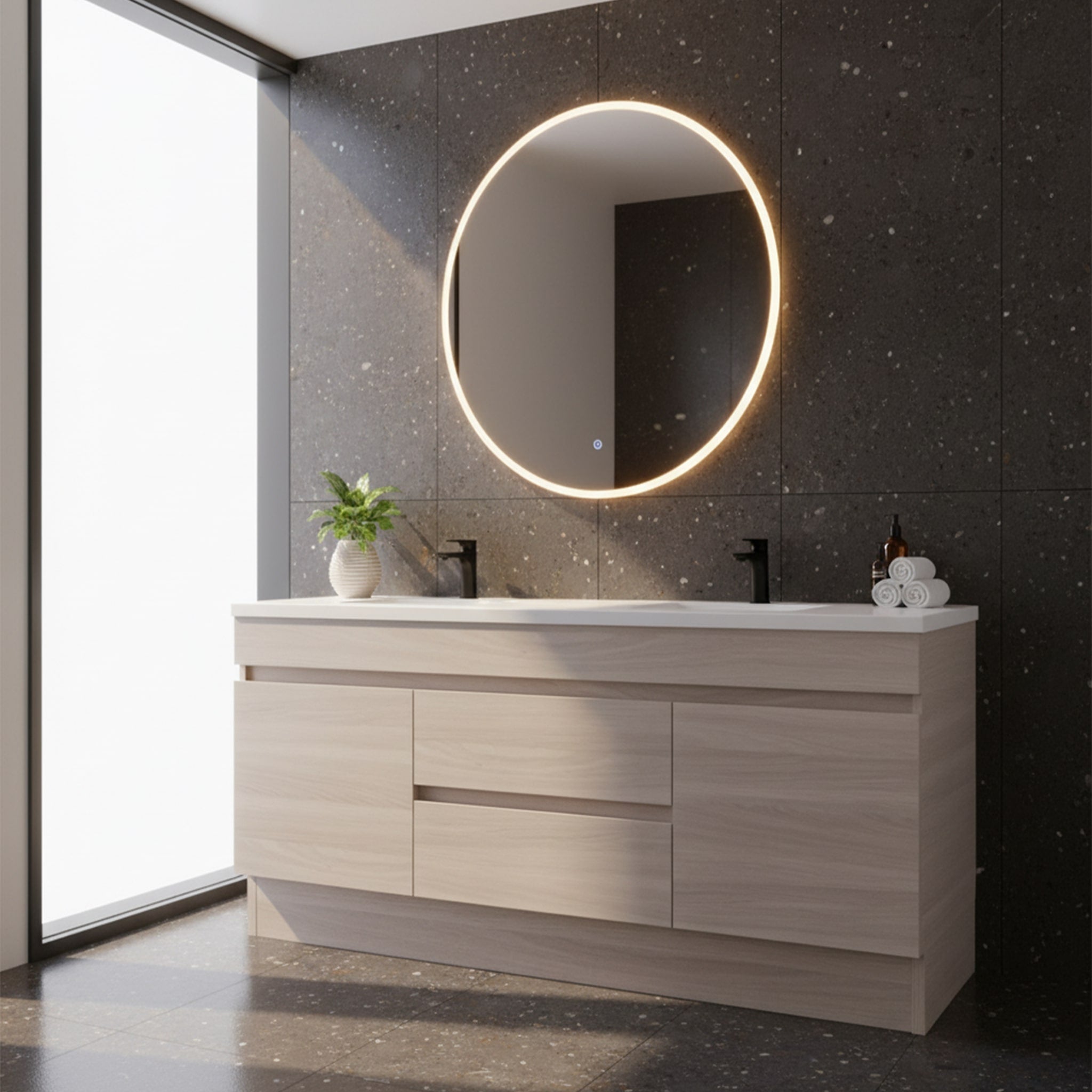 POSEIDON EVIE OAK 1200MM DOUBLE BOWL FLOOR STANDING VANITY