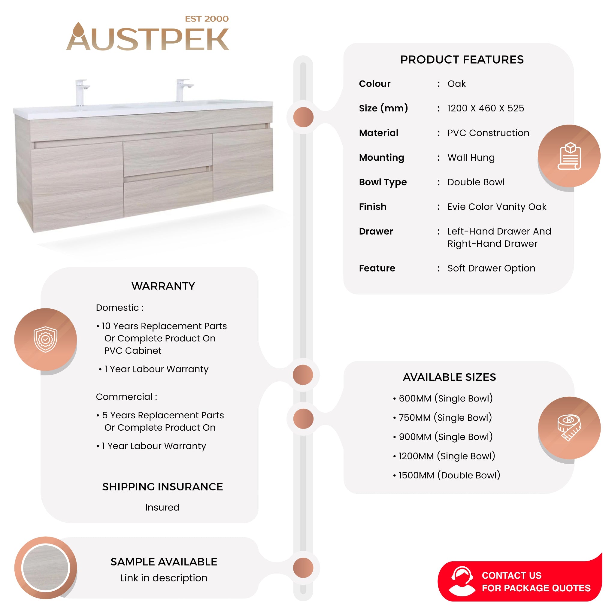 POSEIDON EVIE OAK 1200MM DOUBLE BOWL WALL HUNG VANITY