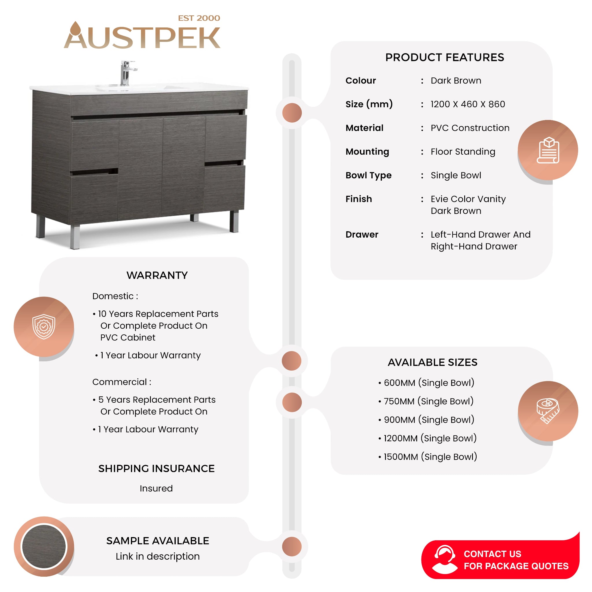 POSEIDON EVIE DARK BROWN 1200MM SINGLE BOWL FLOOR STANDING VANITY