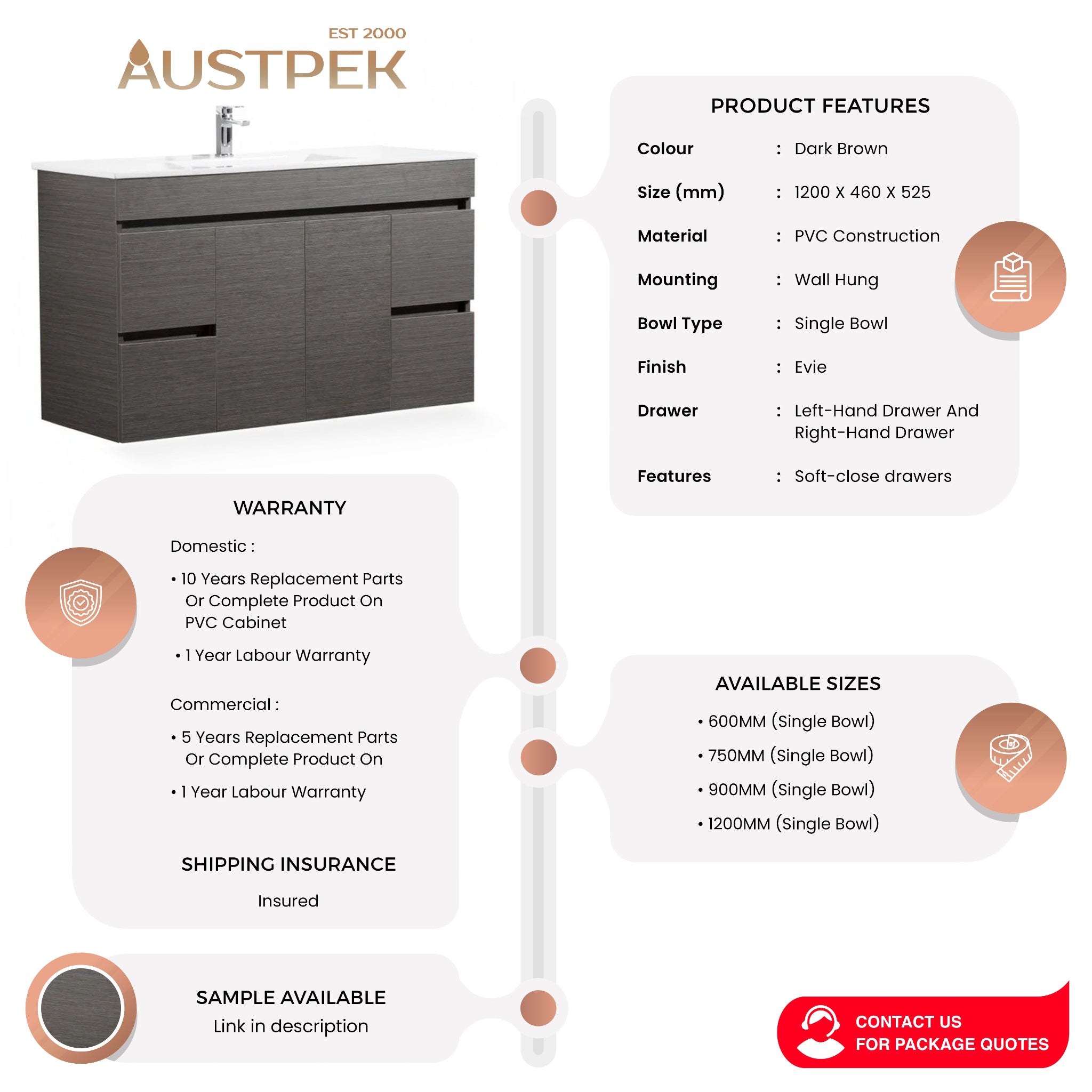 POSEIDON EVIE DARK BROWN 1200MM SINGLE BOWL WALL HUNG VANITY