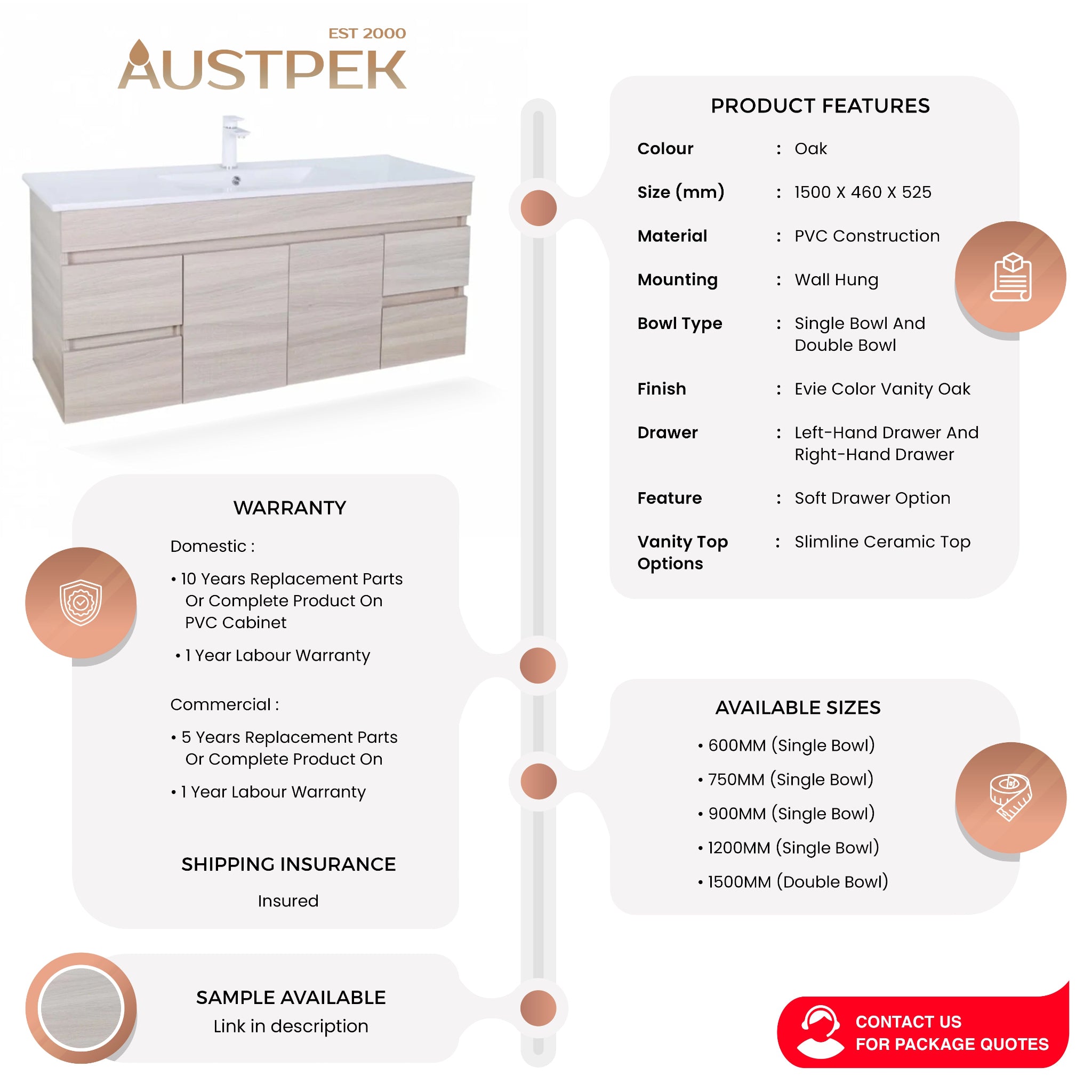 POSEIDON EVIE OAK 1500MM SINGLE BOWL WALL HUNG VANITY