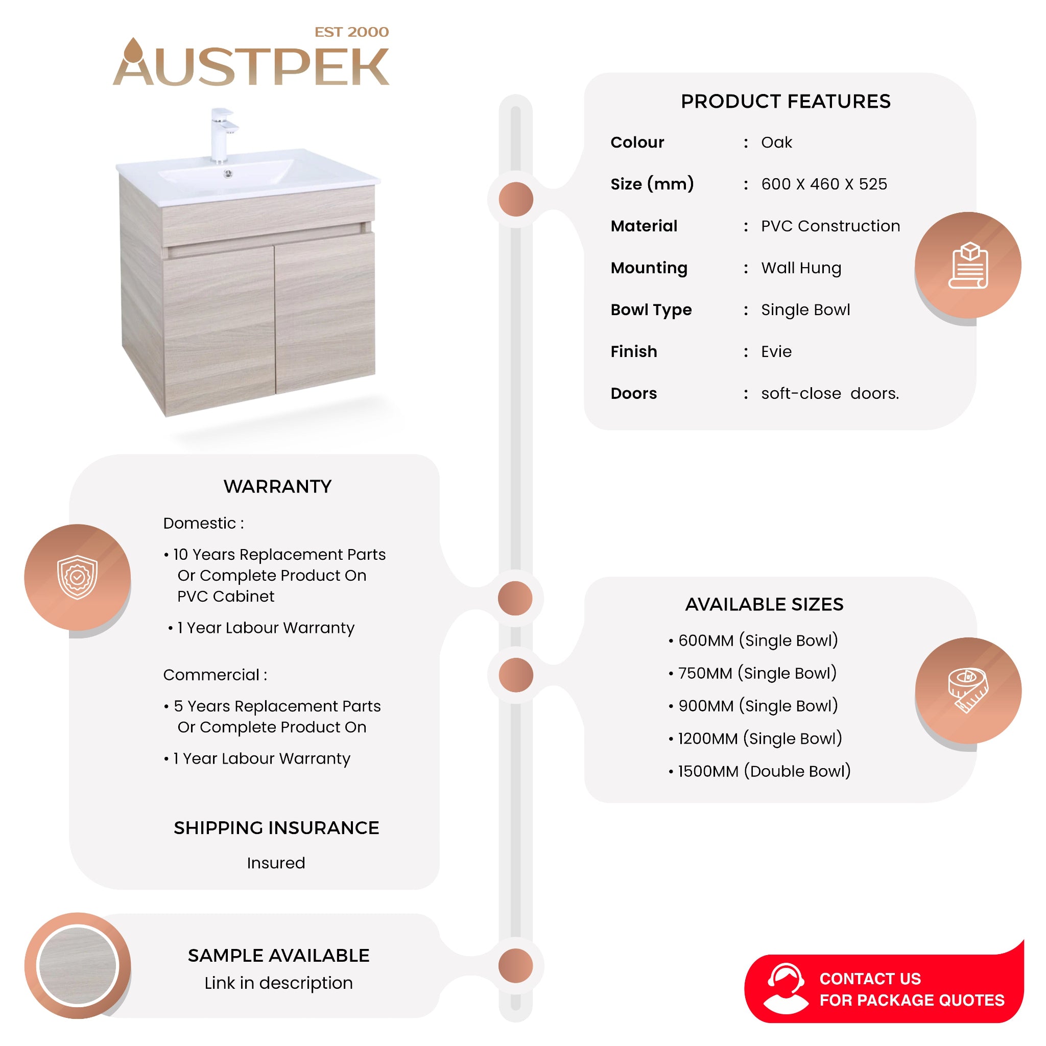 POSEIDON EVIE OAK 600MM SINGLE BOWL WALL HUNG VANITY