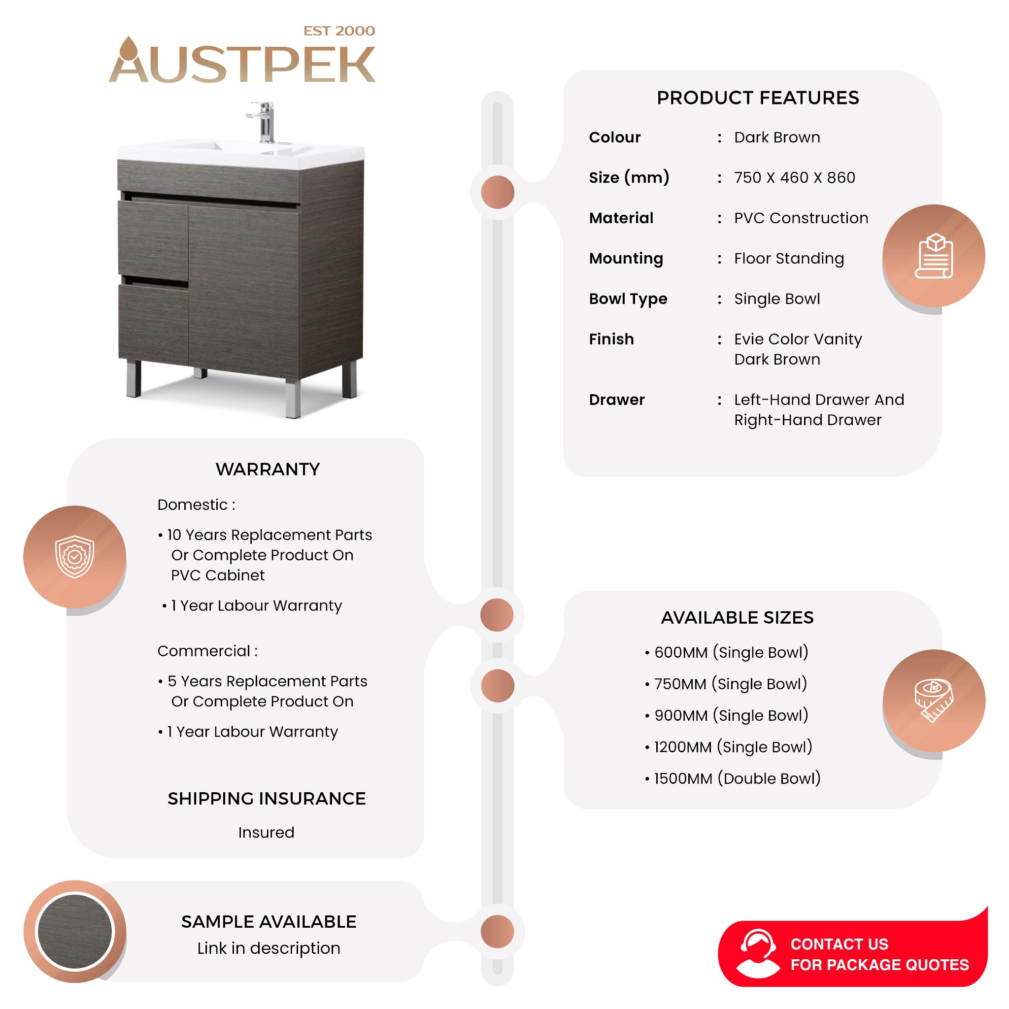 POSEIDON EVIE DARK BROWN 750MM SINGLE BOWL FLOOR STANDING VANITY (AVAILABLE IN LEFT AND RIGHT HAND DRAWER)