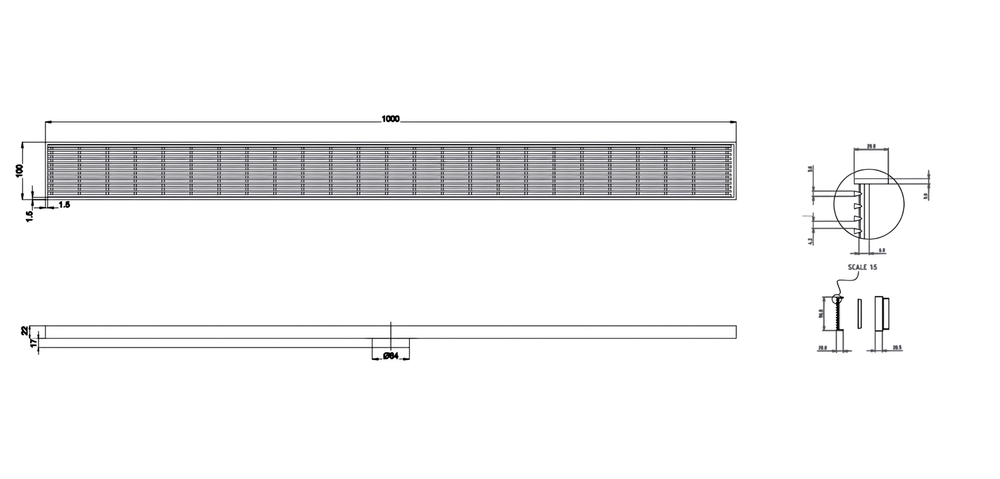 LINSOL EZYFLOW HEELGUARD DN64 LINEAR WASTE 1000MM BRUSHED NICKEL