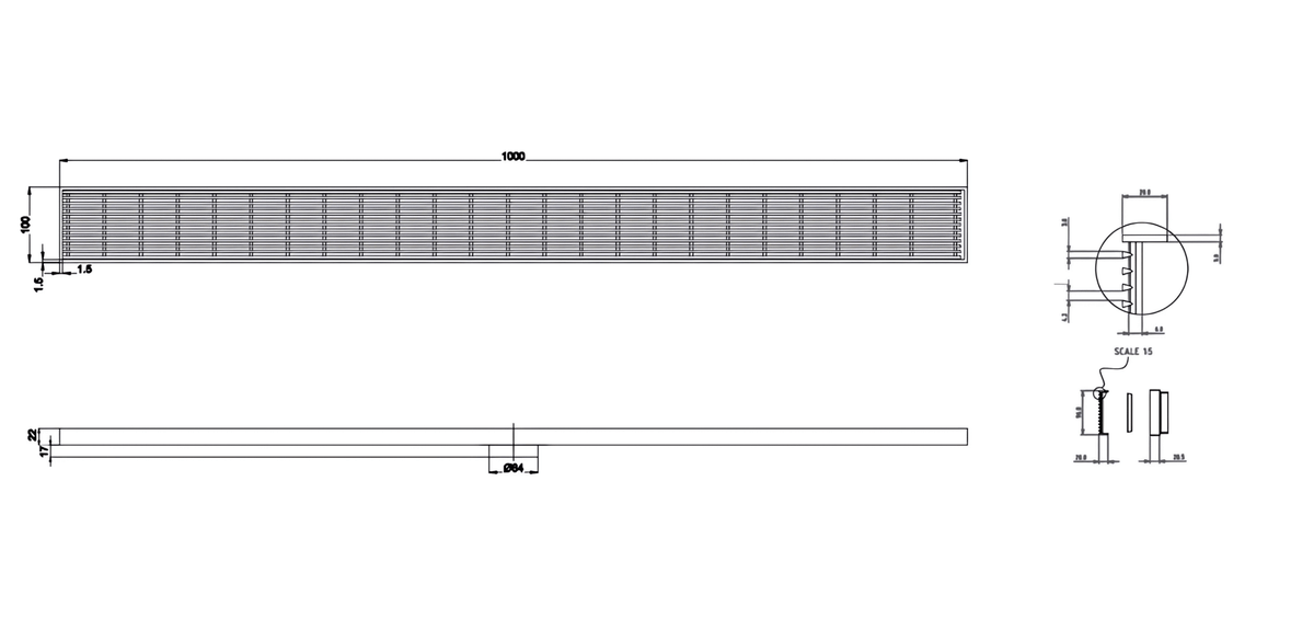 LINSOL EZYFLOW HEELGUARD DN64 LINEAR WASTE 1000MM BRUSHED NICKEL