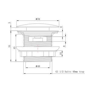 Linsol Ezyflow 40mm Pop-Up Plug & Waste with Overflow technical drawing