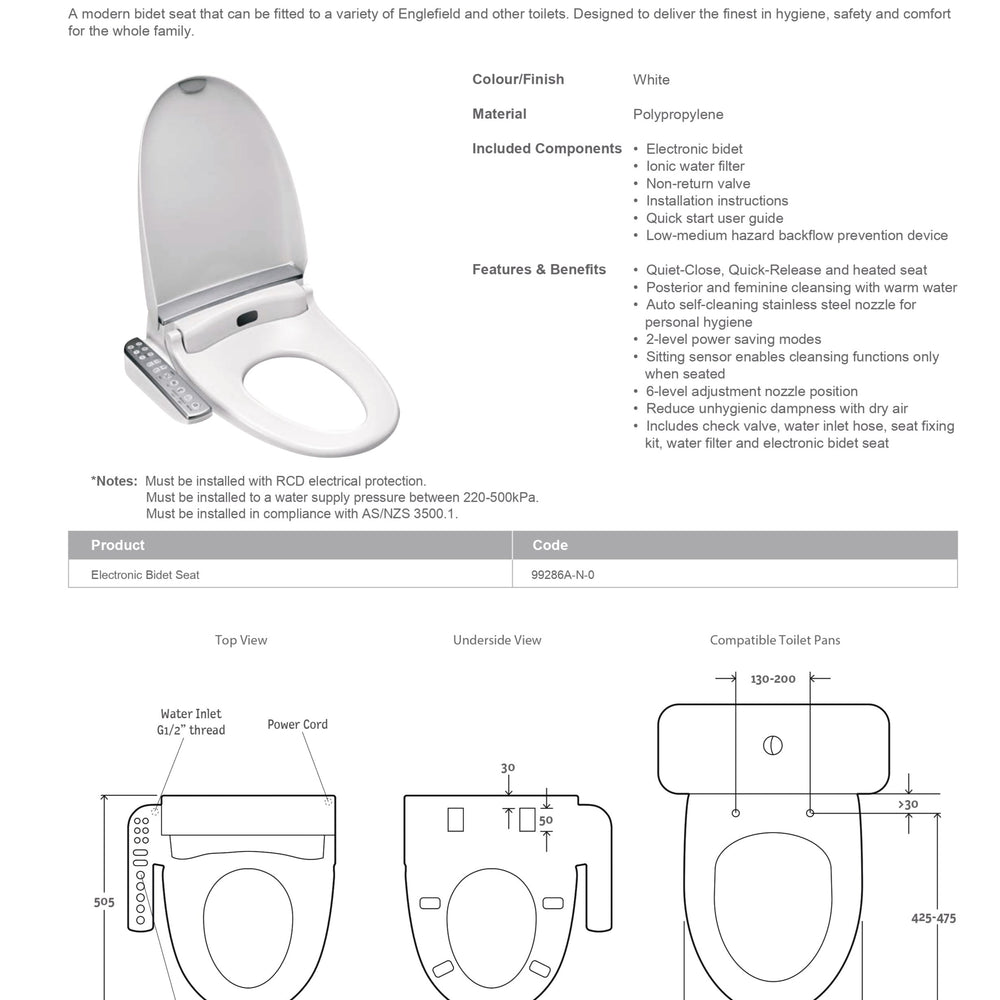 KOHLER X ENGLEFIELD ELECTRONIC BIDET SEAT WITH SIDE CONTROL GLOSS WHITE ELONGATED