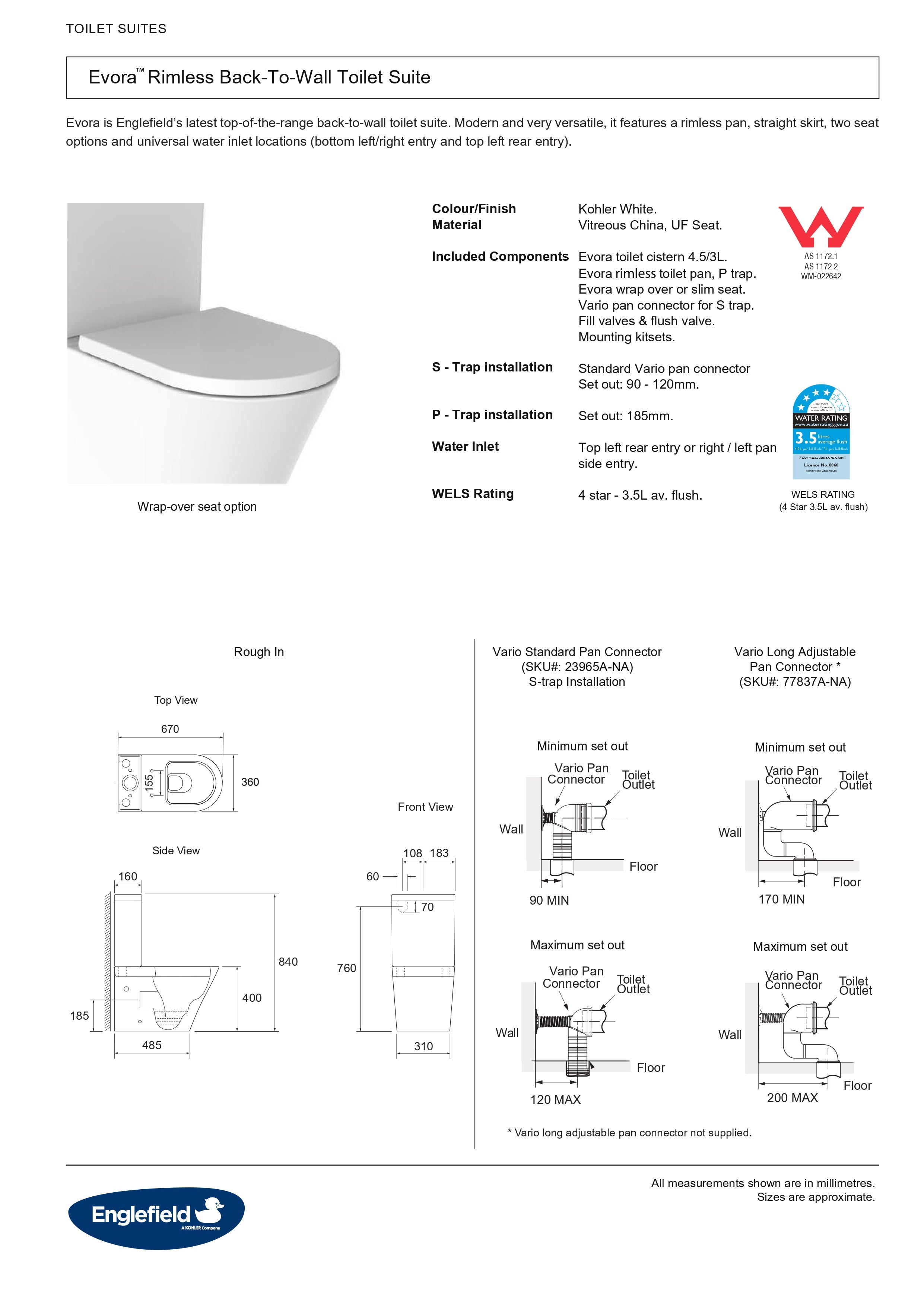 ENGLEFIELD EVORA RIMLESS BACK TO WALL TOILET SUITE GLOSS WHITE