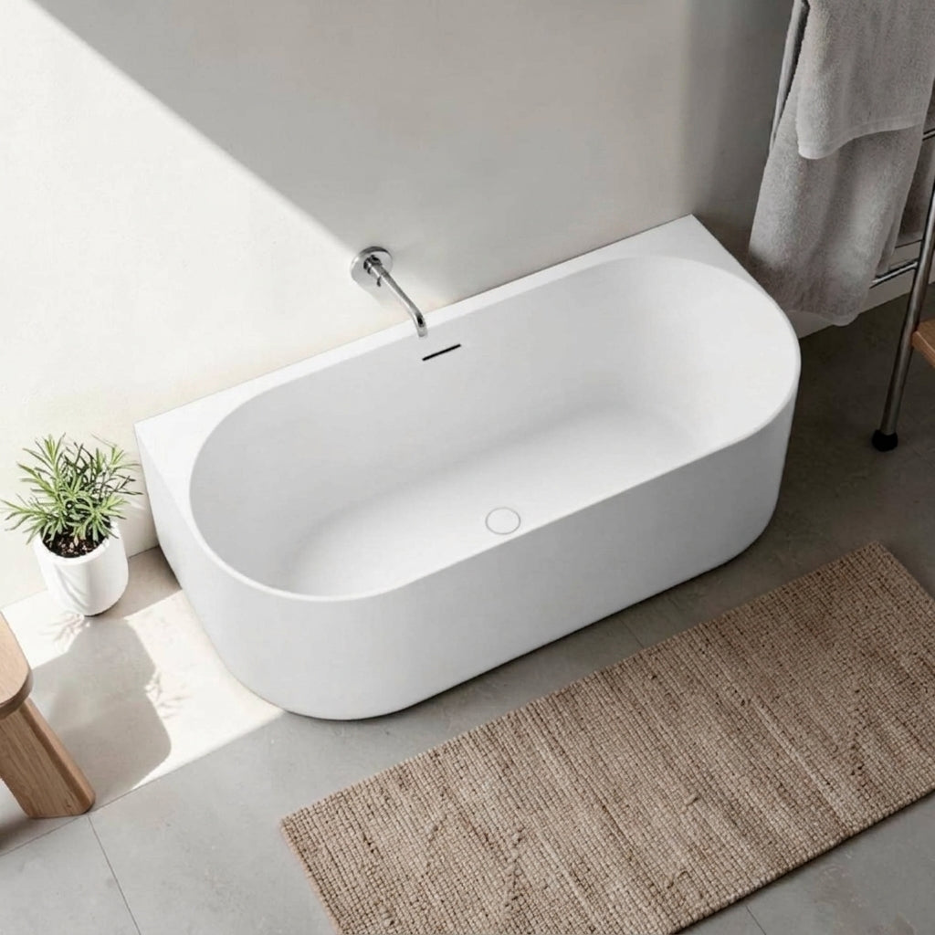 KASKADE ESTHER BACK-TO-WALL STONE BATH WITH OVERFLOW MATTE WHITE 1600MM interior