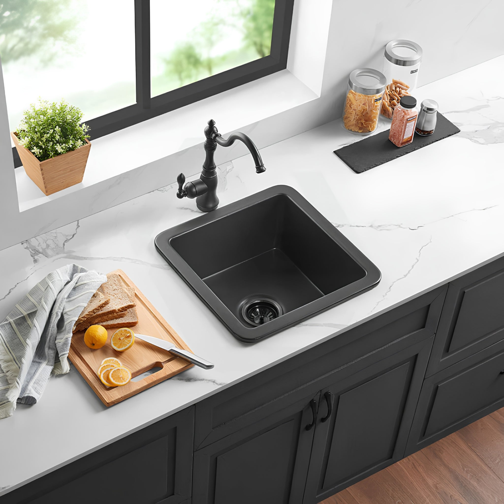 VITO NADIA SINGLE BOWL INSET AND UNDERMOUNT FIRECLAY KITCHEN SINK MATTE BLACK 457MM