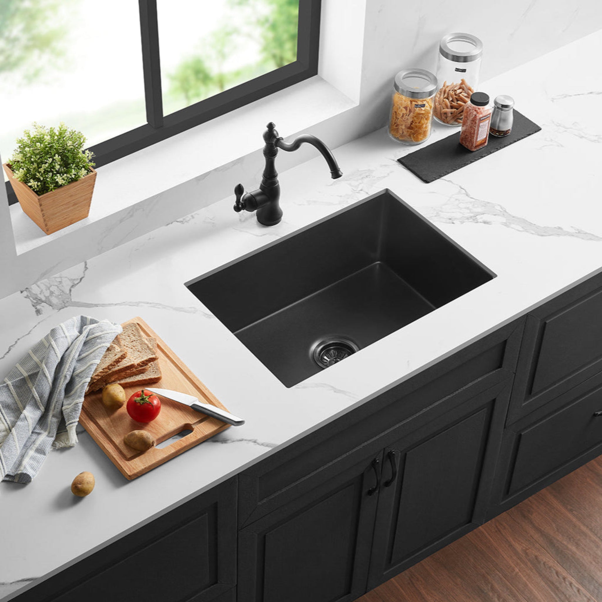 CETO CAMDEN SINGLE BOWL FIRECLAY KITCHEN SINK MATTE BLACK 677MM