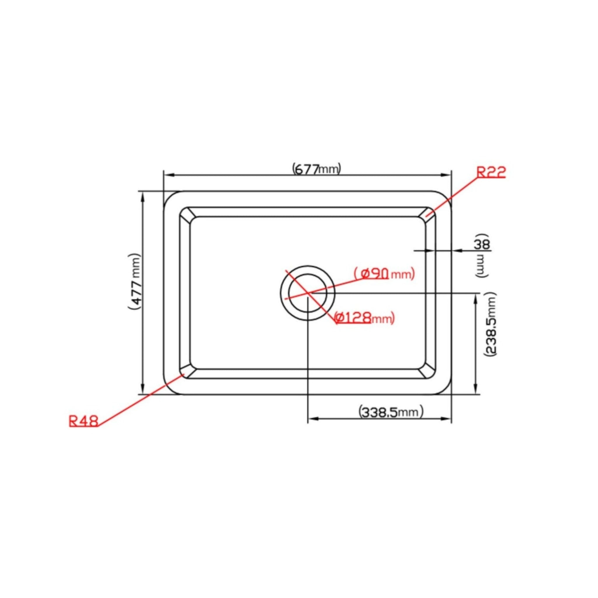 CETO CAMDEN SINGLE BOWL FIRECLAY KITCHEN SINK MATTE BLACK 677MM