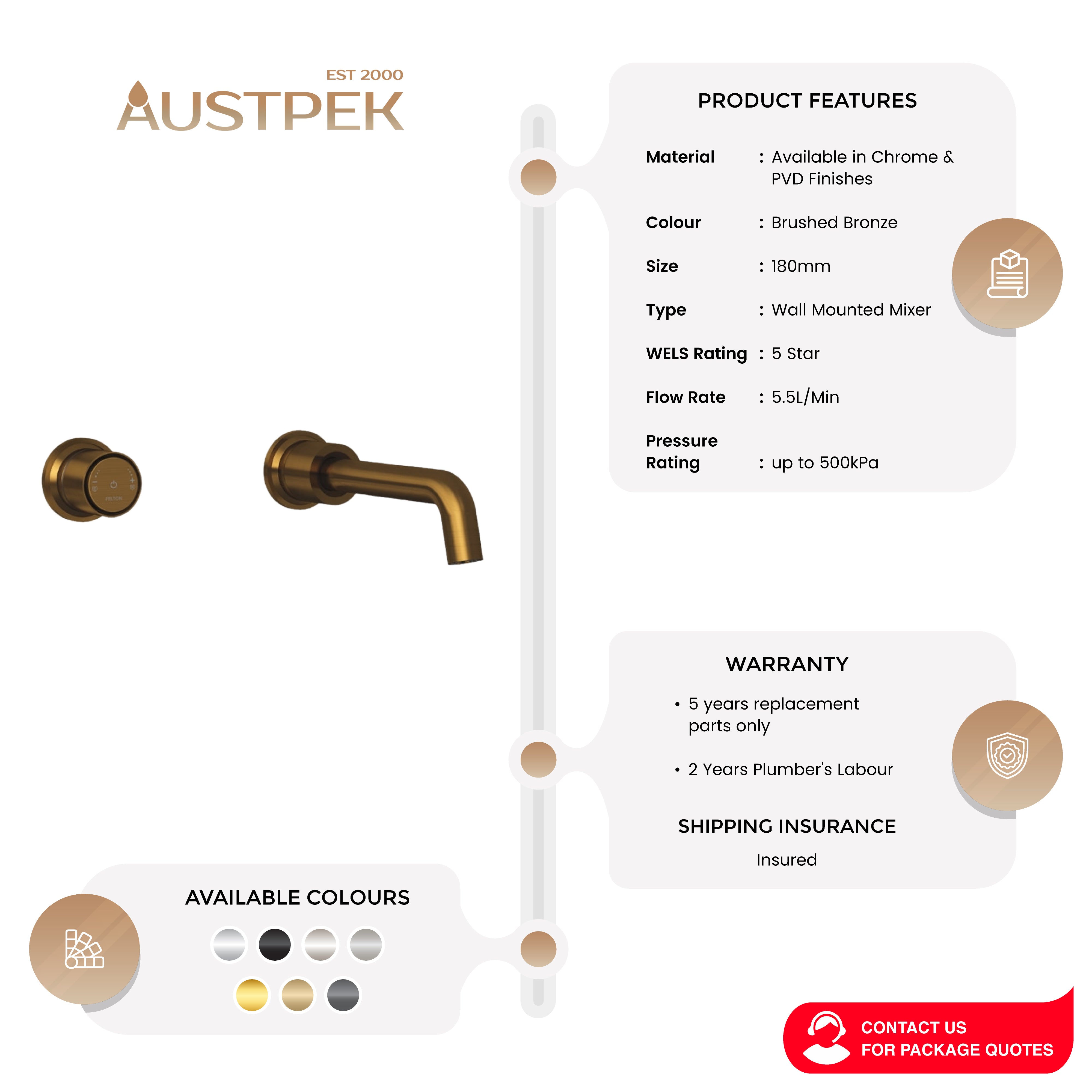 FELTON TATE DIGITAL WALL MOUNTED MIXER 180MM BRUSHED BRONZE