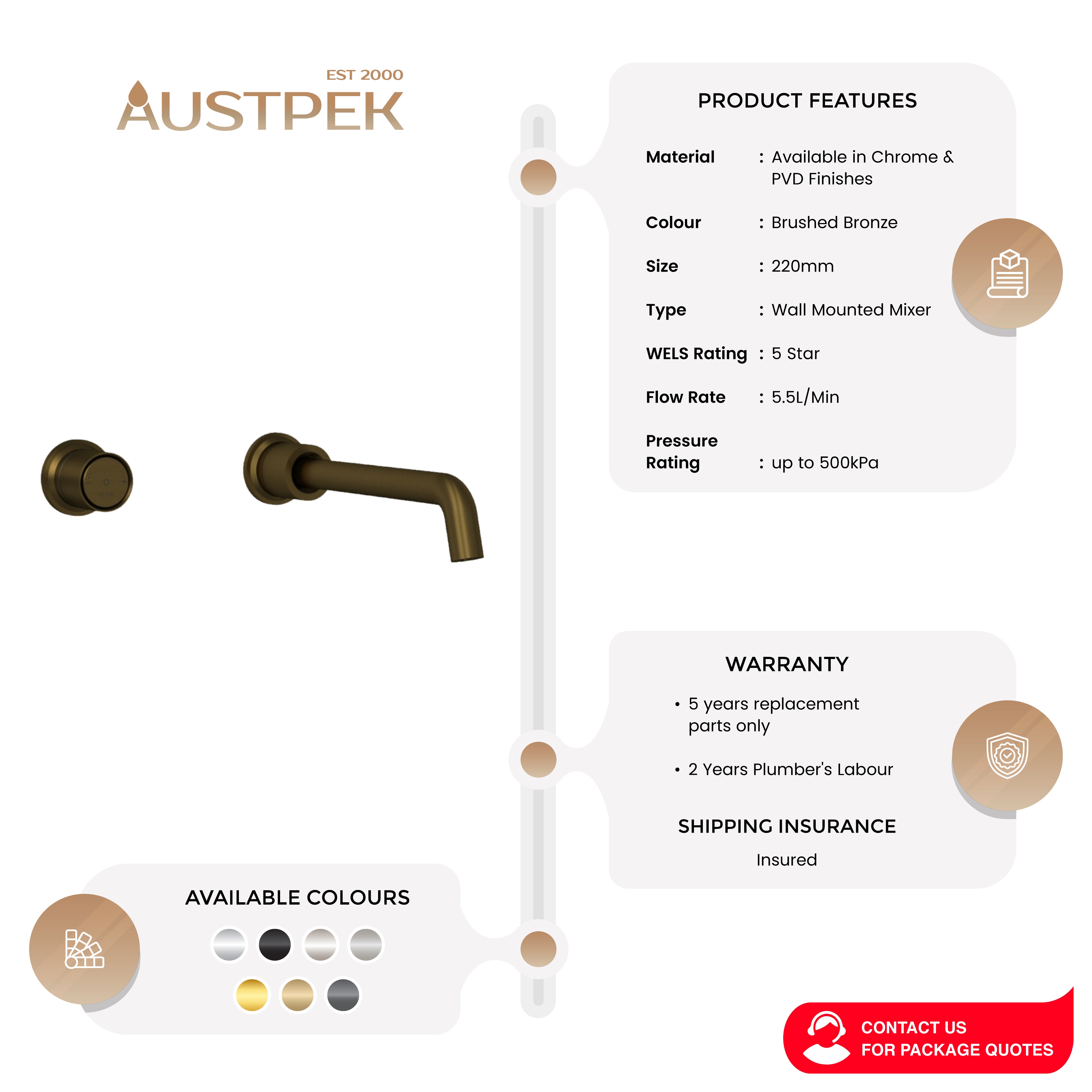 FELTON TATE DIGITAL WALL MOUNTED MIXER 220MM BRUSHED BRONZE