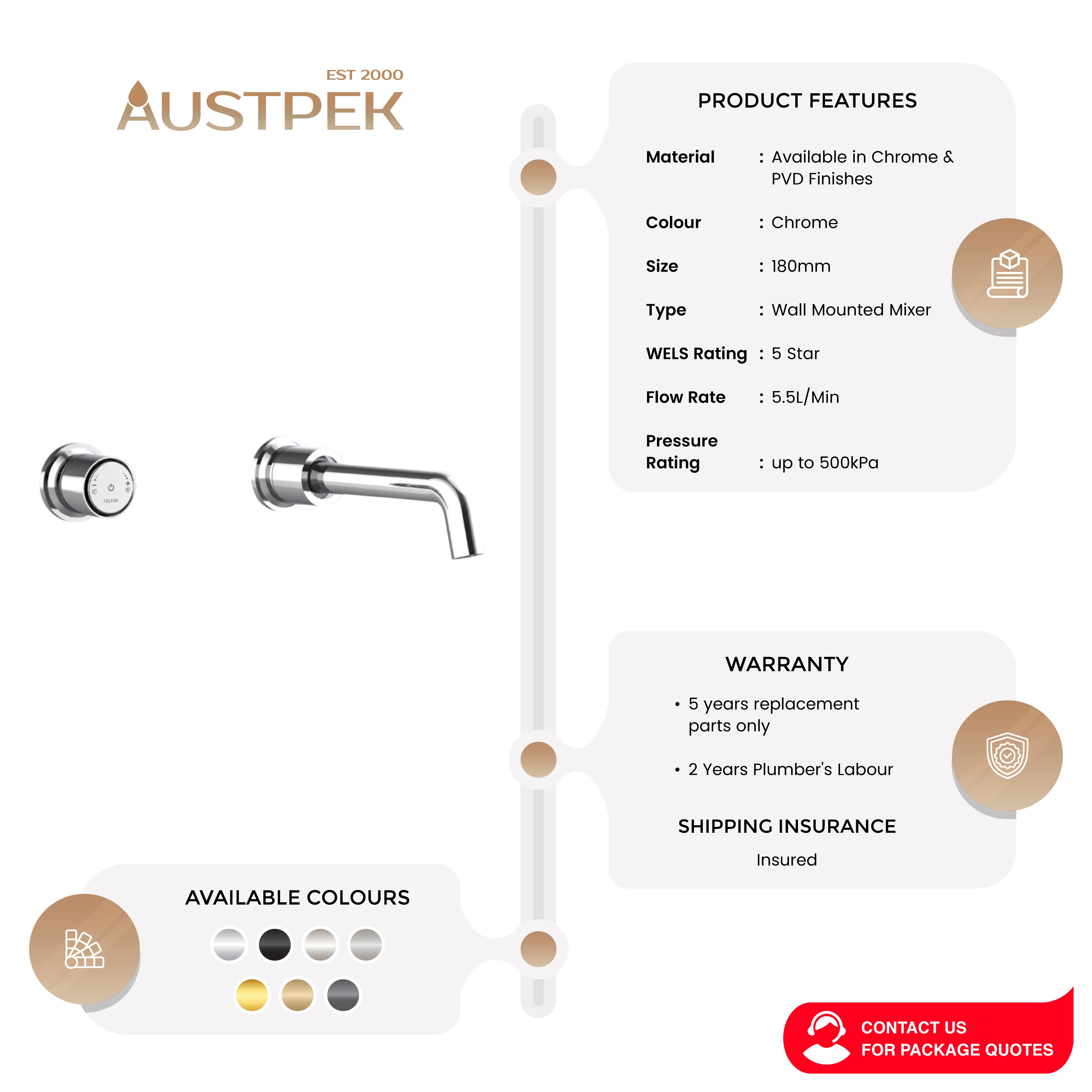 FELTON TATE DIGITAL WALL MOUNTED MIXER 180MM CHROME