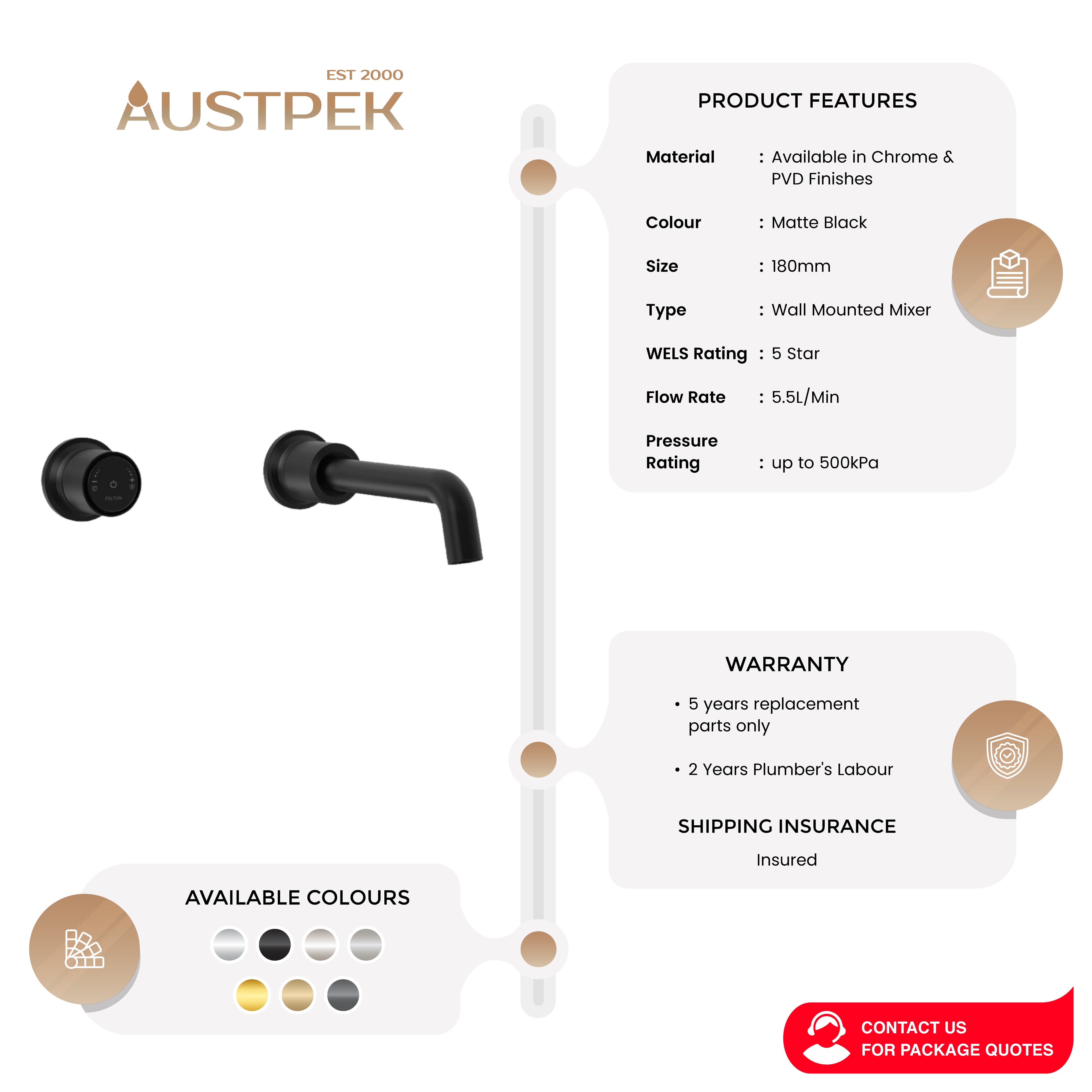 FELTON TATE DIGITAL WALL MOUNTED MIXER 180MM MATTE BLACK