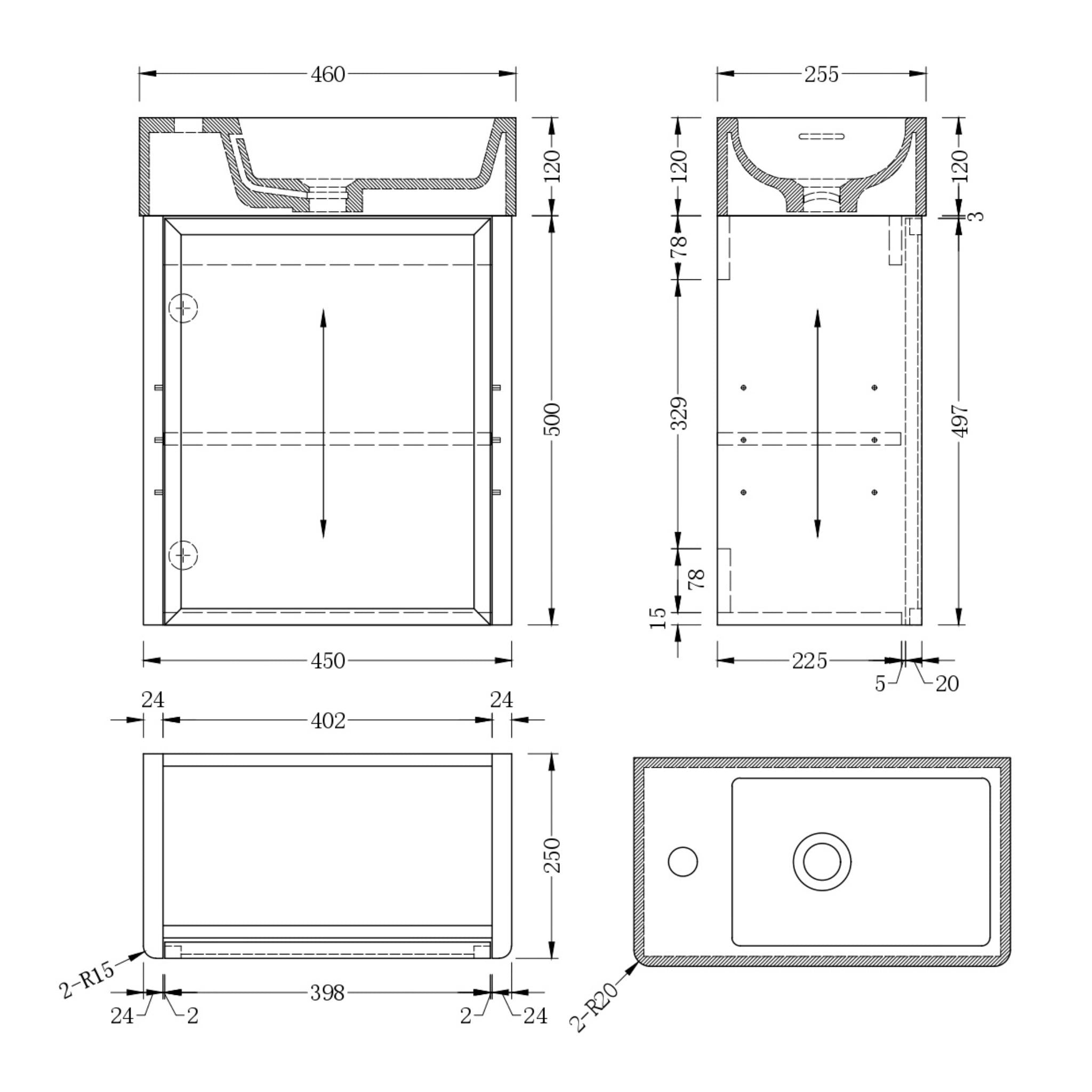 INFINITY FELIX WALNUT 450MM ENSUITE SPACE SAVING WALL HUNG VANITY WITH SURFACE SOLID BASIN