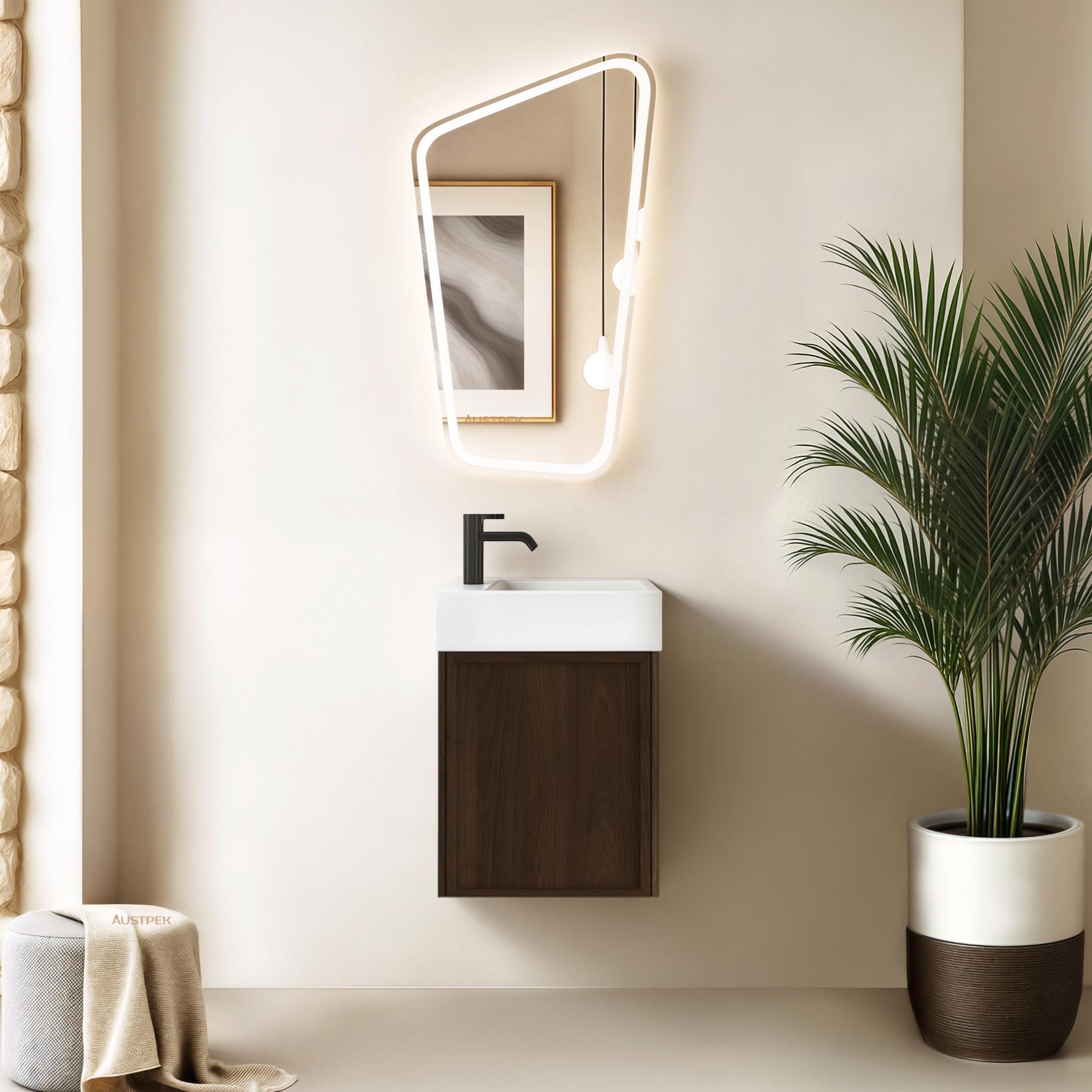 INFINITY FELIX WALNUT 400MM ENSUITE SPACE SAVING WALL HUNG VANITY WITH CERAMIC TOP