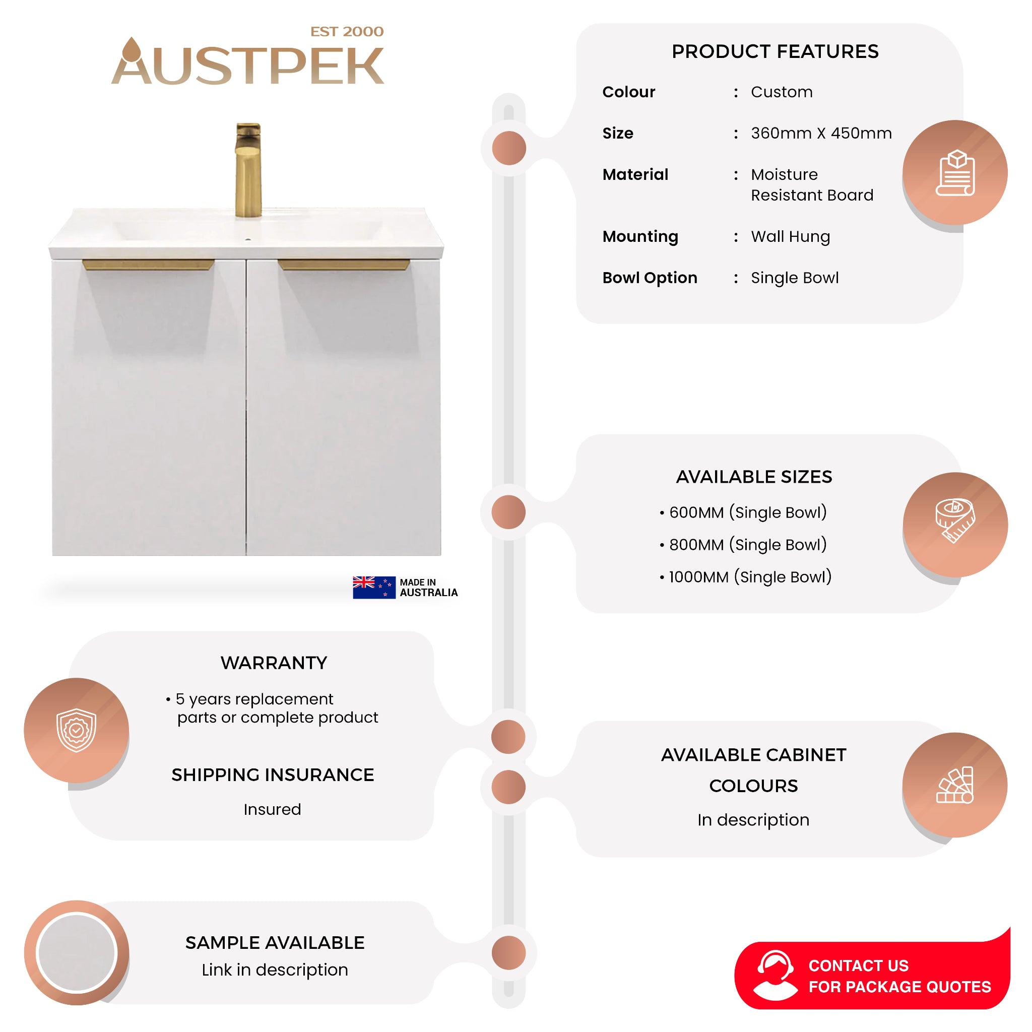 TIMBERLINE FLORIDA ENSUITE SPACE SAVING SINGLE BOWL CUSTOM WALL HUNG VANITY (ALL SIZING)