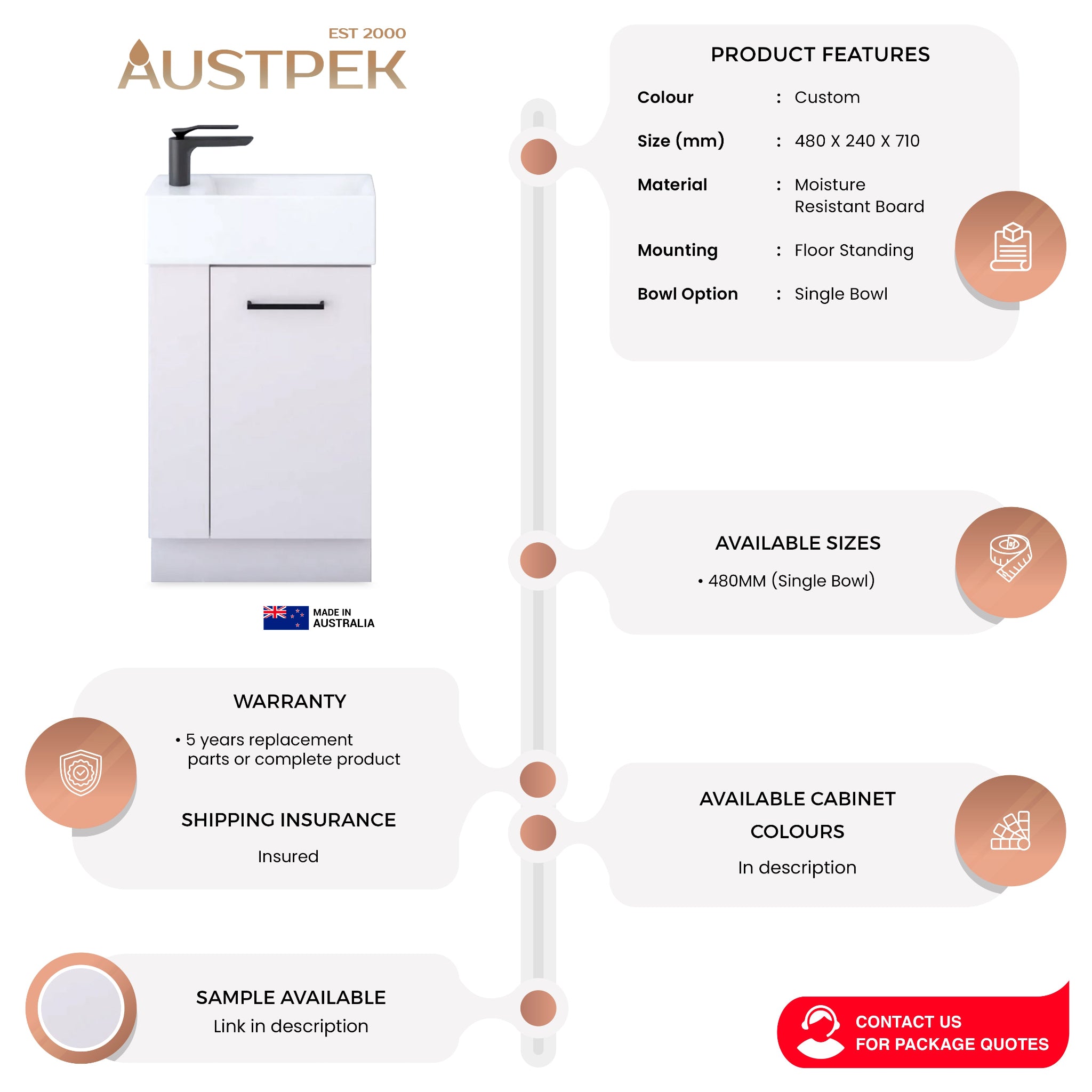 TIMBERLINE FRANKIE 480MM SPACE SAVING SINGLE BOWL CUSTOM FLOOR STANDING VANITY