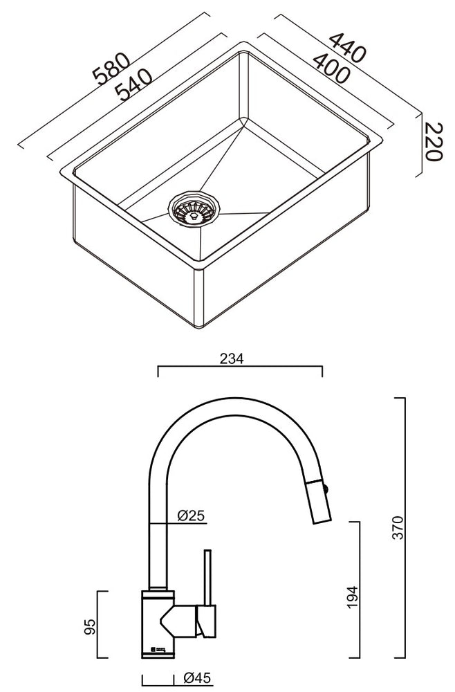 SCHOCK ALFRESCO SINGLE BOWL KITCHEN SINK WITH SINK MIXER STAINLESS STEEL 580MM