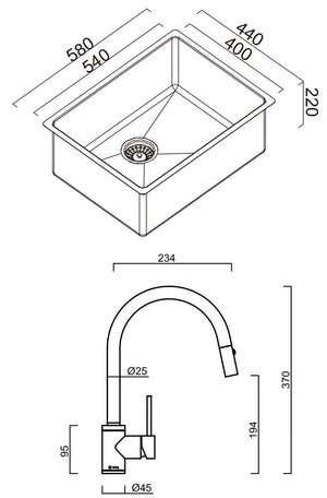 SCHOCK ALFRESCO SINGLE BOWL KITCHEN SINK WITH SINK MIXER STAINLESS STEEL 580MM