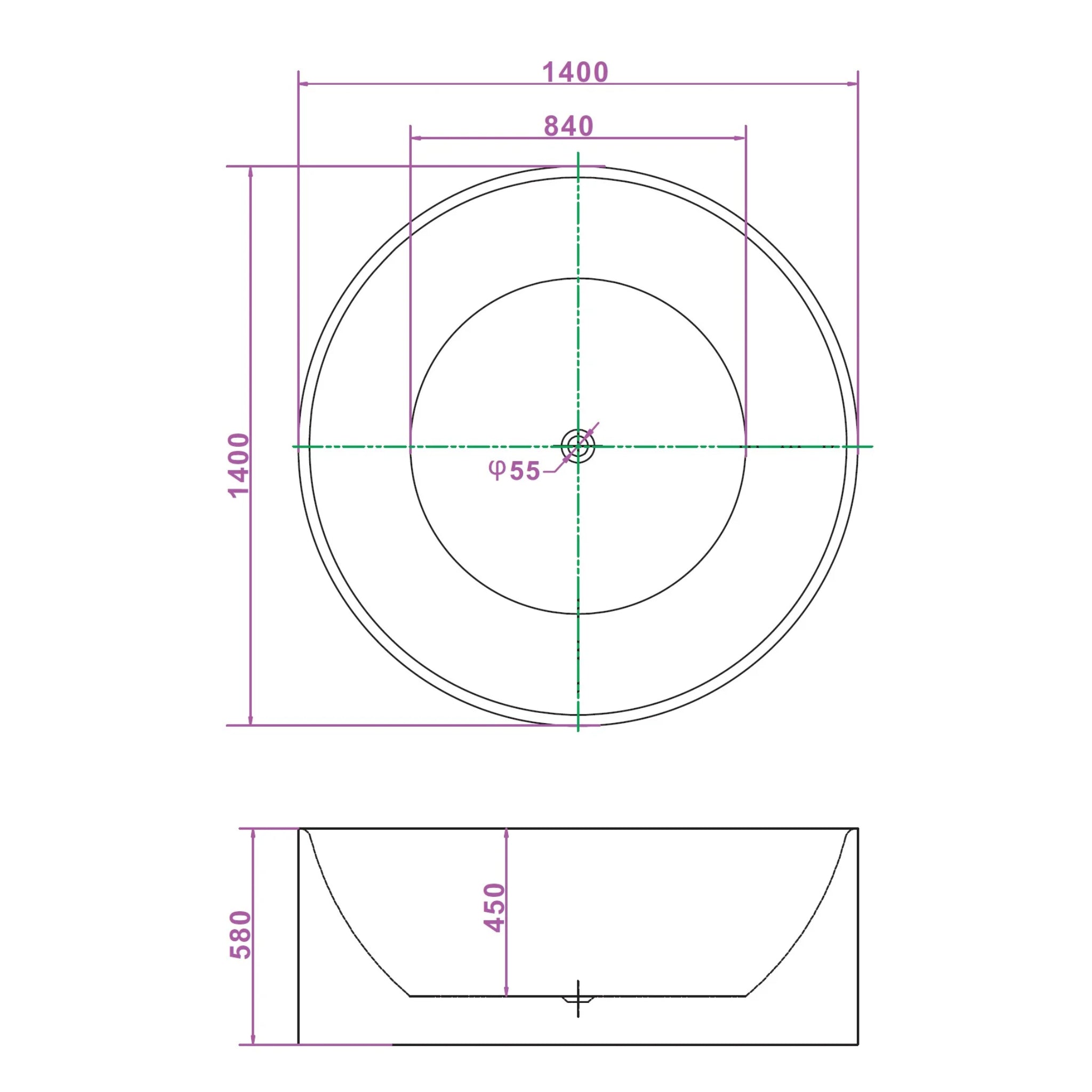 BROADWAY FS19 FREESTANDING BATHTUB WHITE 1400MM