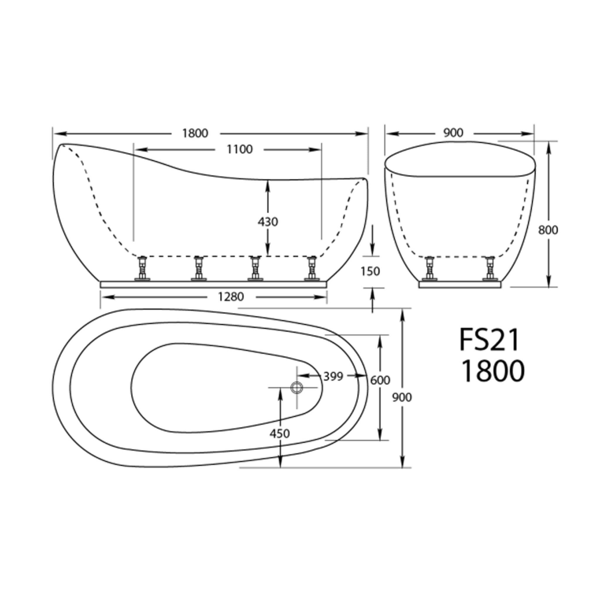 BROADWAY FS21 FREESTANDING BATHTUB GLOSS WHITE 1800MM