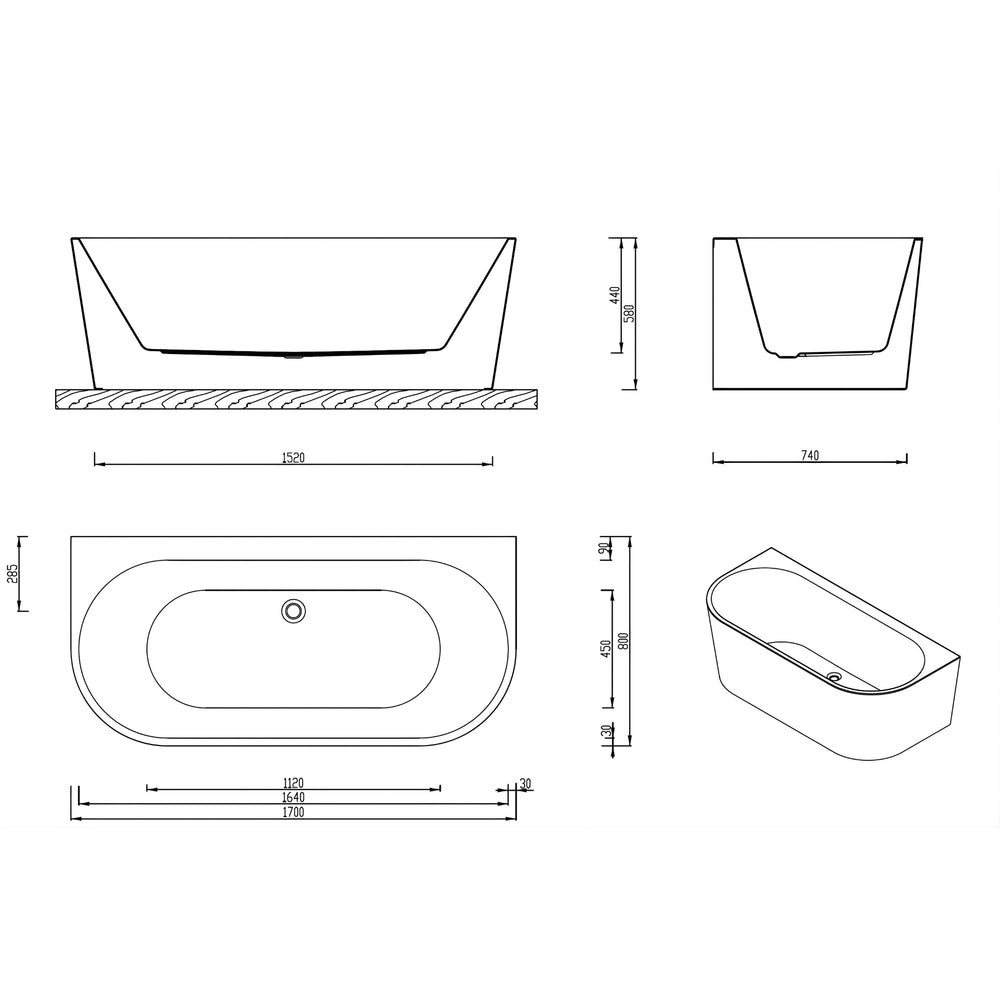 BROADWAY FS36 BACK TO WALL BATH GLOSS WHITE (AVAILABLE IN 1500MM AND 1700MM)