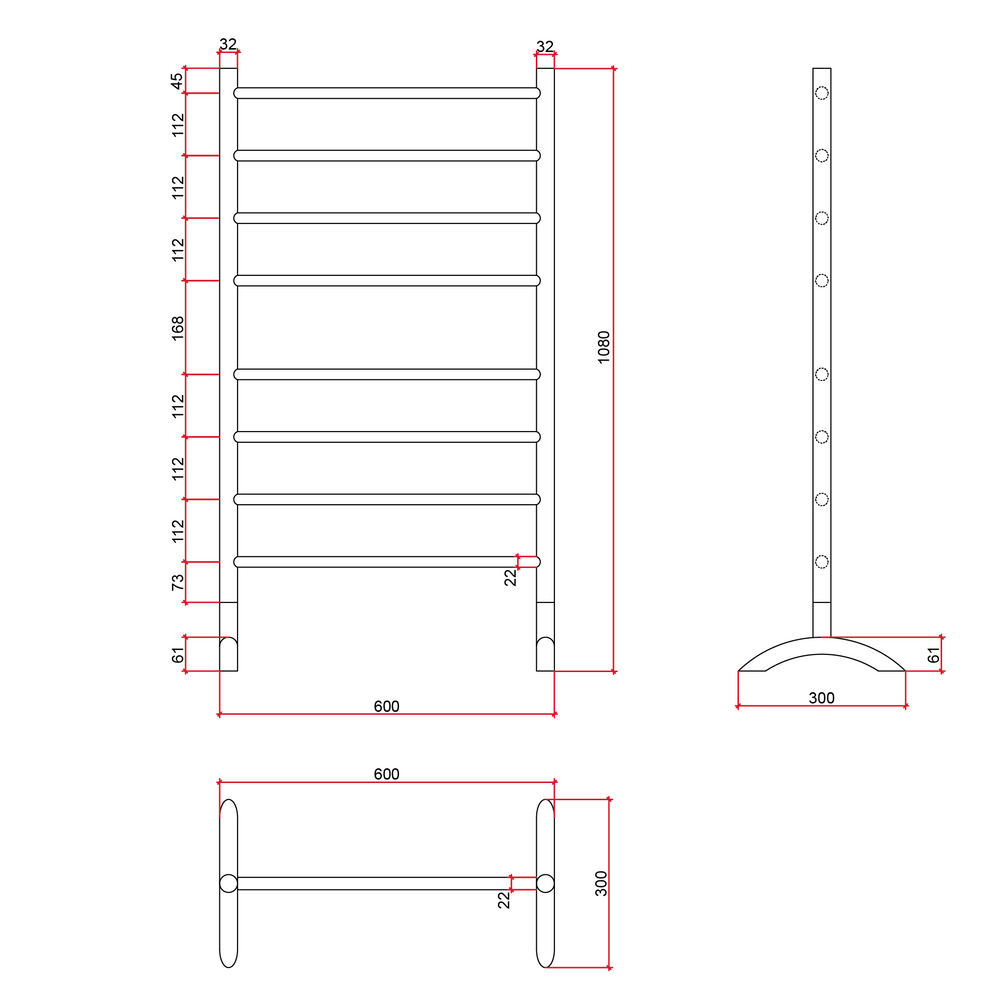 THERMOGROUP STRAIGHT ROUND FREE STANDING HEATED TOWEL RAIL MATTE BLACK 600MM