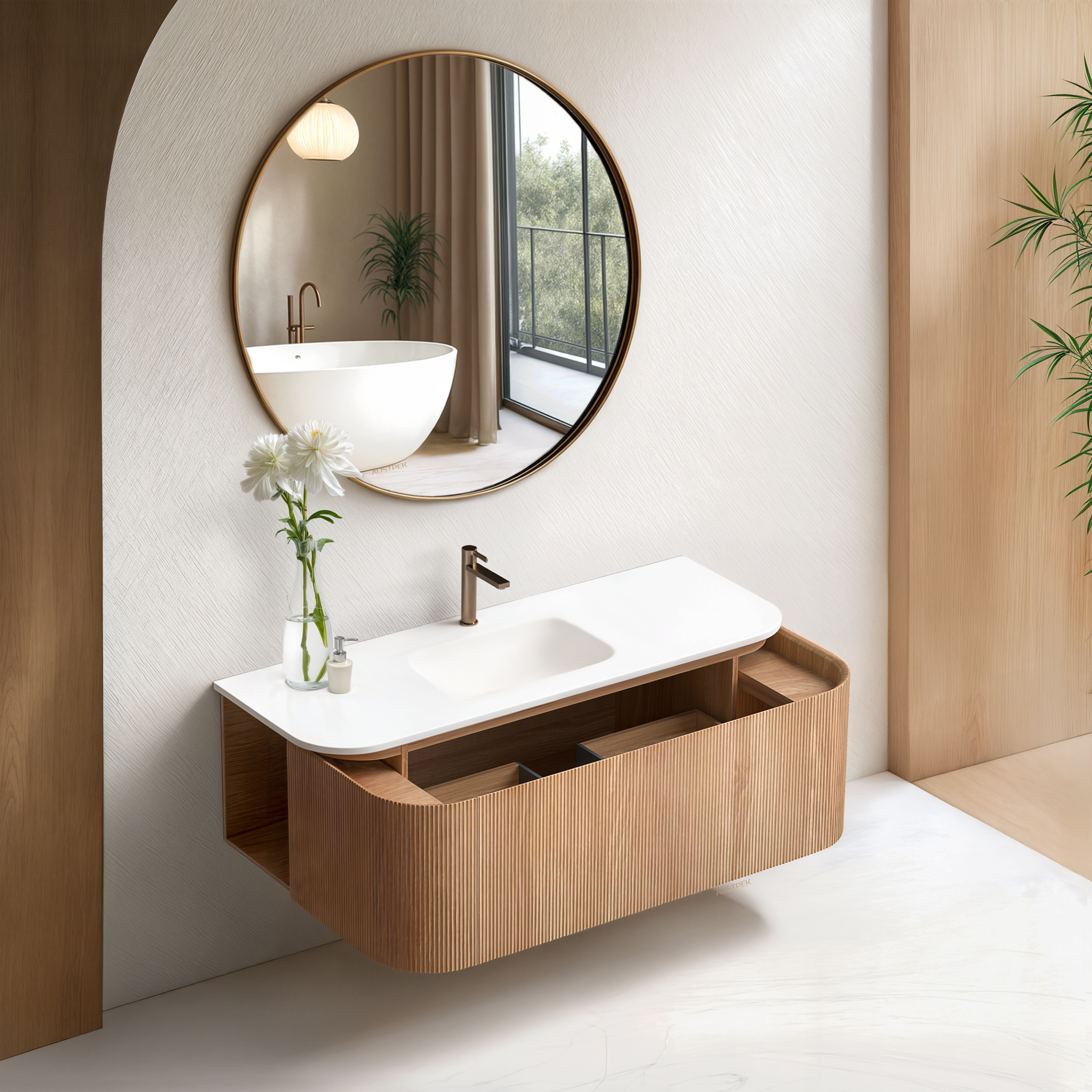 ORIO FITZROY LIGHT WALNUT FLUTED 1200MM CURVE SINGLE BOWL WALL HUNG VANITY