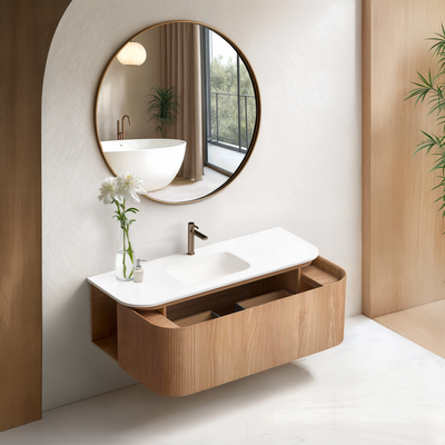 ORIO FITZROY LIGHT WALNUT FLUTED 1200MM CURVE SINGLE BOWL WALL HUNG VANITY