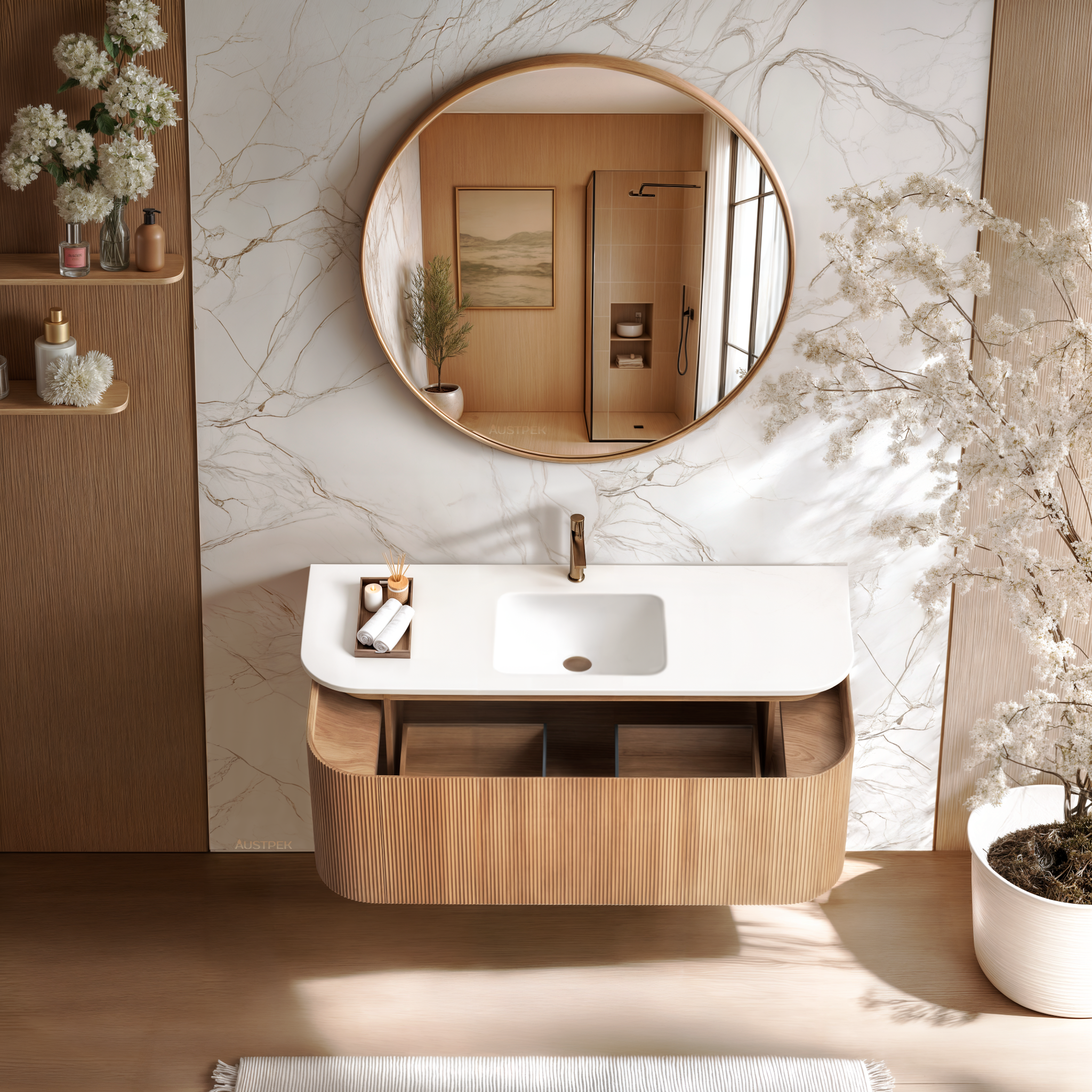 ORIO FITZROY LIGHT WALNUT FLUTED 1200MM CURVE SINGLE BOWL WALL HUNG VANITY