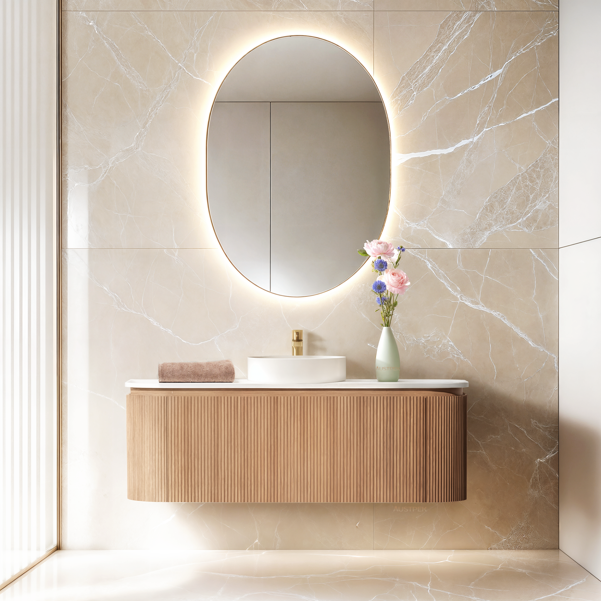 ORIO FITZROY LIGHT WALNUT FLUTED 1200MM CURVE SINGLE BOWL WALL HUNG VANITY
