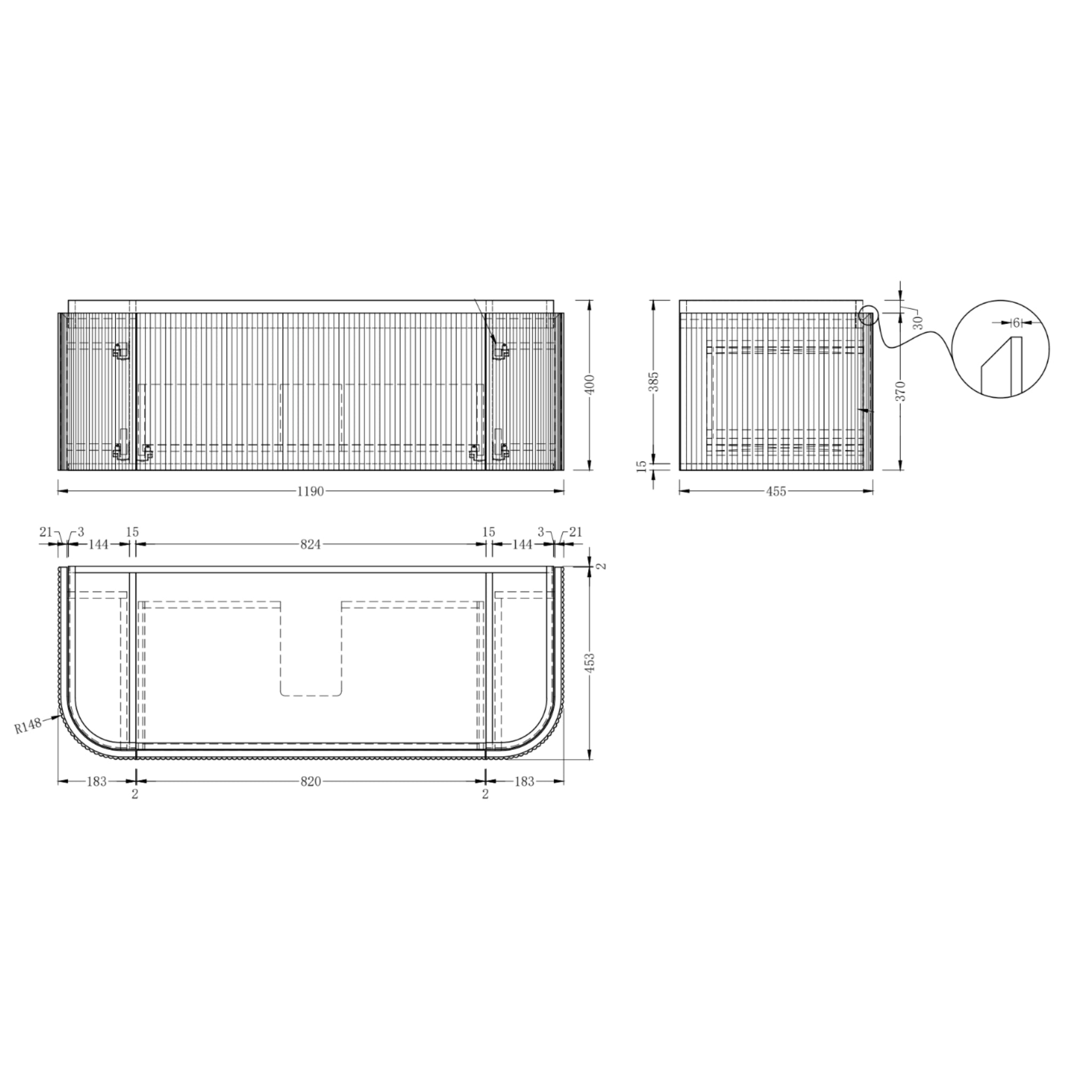 ORIO FITZROY LIGHT WALNUT FLUTED 1200MM CURVE SINGLE BOWL WALL HUNG VANITY