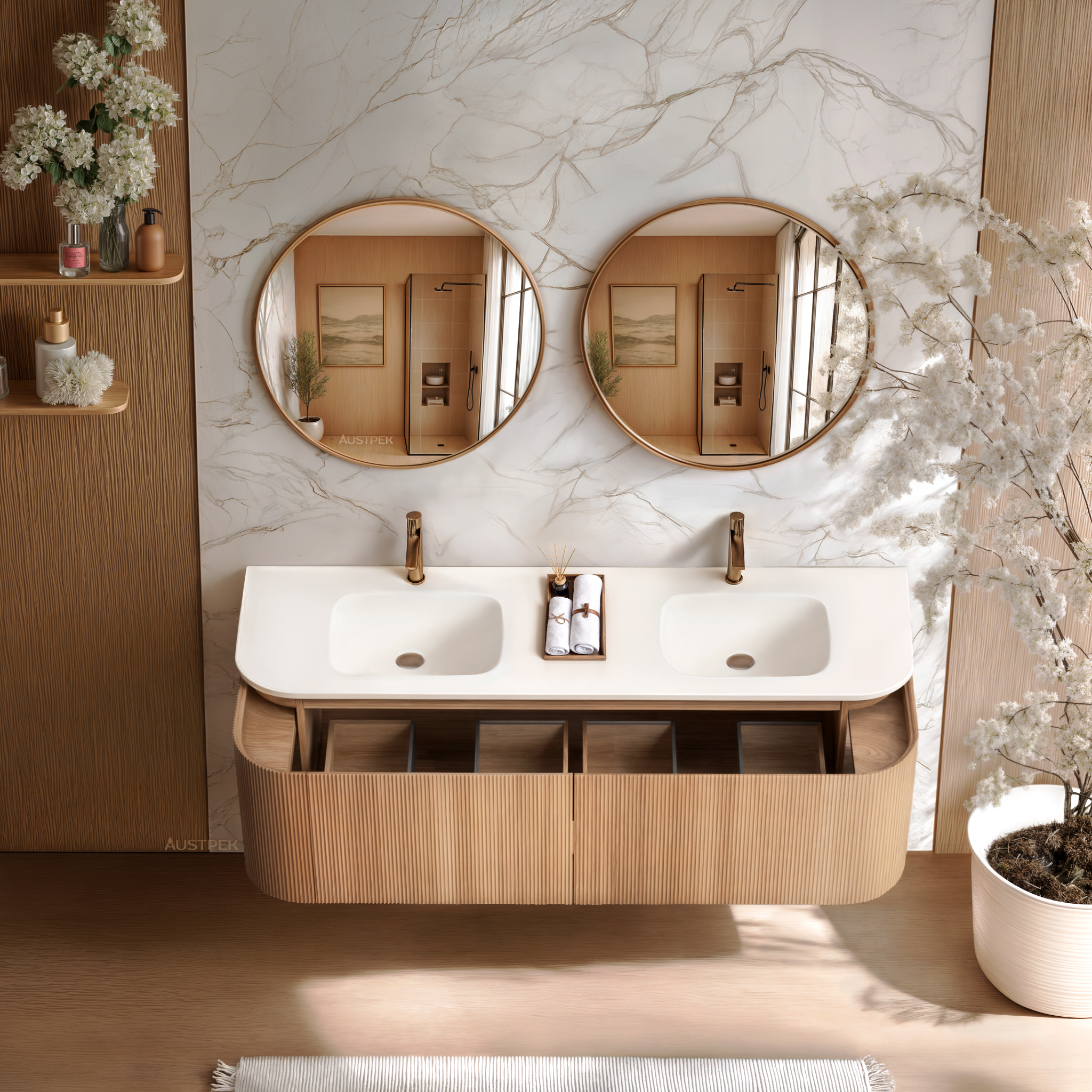 ORIO FITZROY LIGHT WALNUT FLUTED 1500MM CURVE DOUBLE BOWL WALL HUNG VANITY