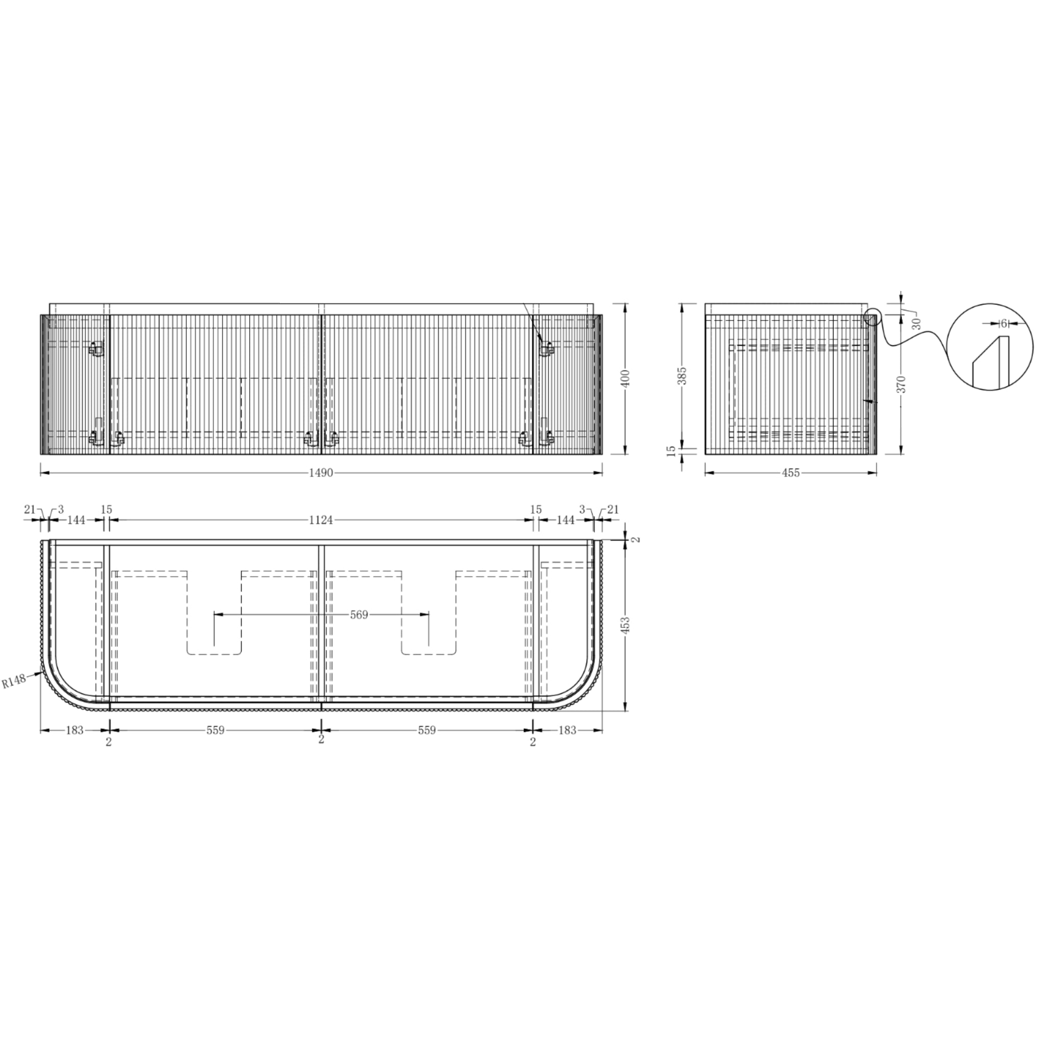 ORIO FITZROY LIGHT WALNUT FLUTED 1500MM CURVE DOUBLE BOWL WALL HUNG VANITY